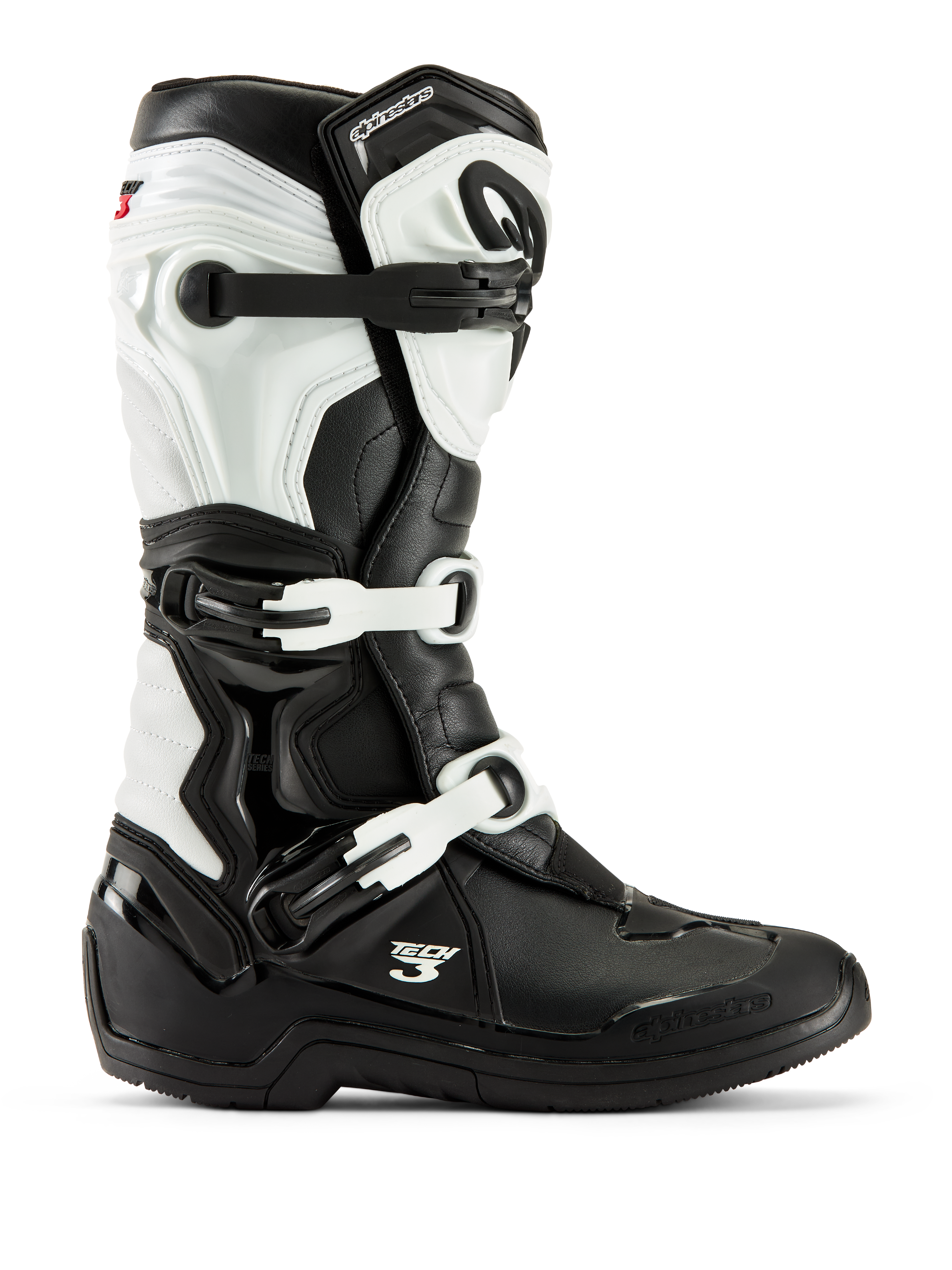 Botas Alpinestars Tech 3, botas de motocross, negro y blanco, vista de perfil lateral con sistema de cierre de tres hebillas, paneles protectores de TPU y construcción sintética duradera para carreras off-road