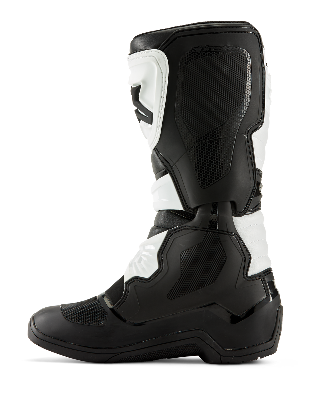 Botas Alpinestars Tech 3, botas de motocross, negro y blanco, perfil lateral medial con paneles de agarre texturizados, protectores de TPU y construcción duradera de microfibra, calzado todoterreno de nivel profesional.