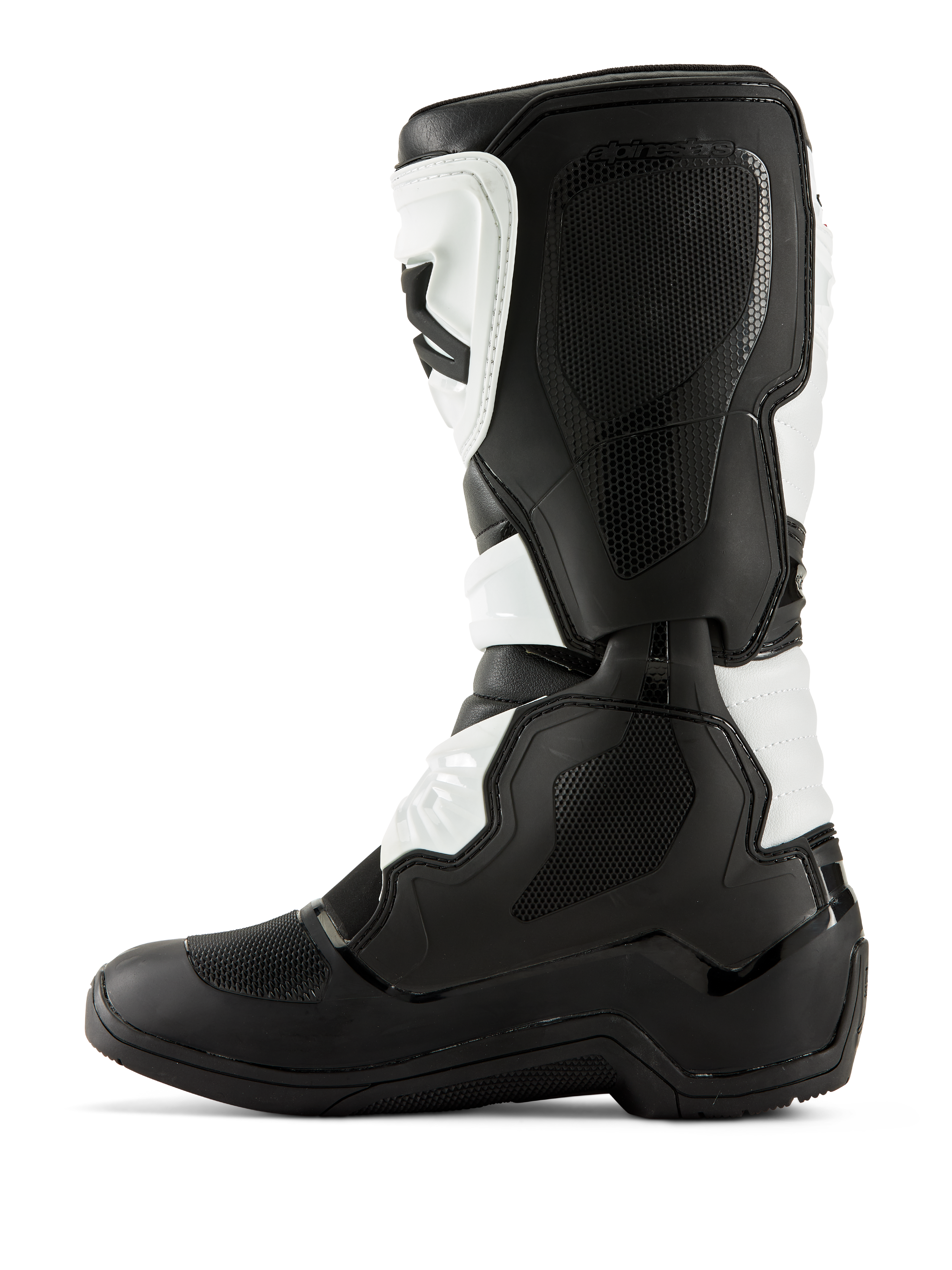 Botas Alpinestars Tech 3, botas de motocross, negro y blanco, perfil lateral medial con paneles de agarre texturizados, protectores de TPU y construcción duradera de microfibra, calzado todoterreno de nivel profesional.