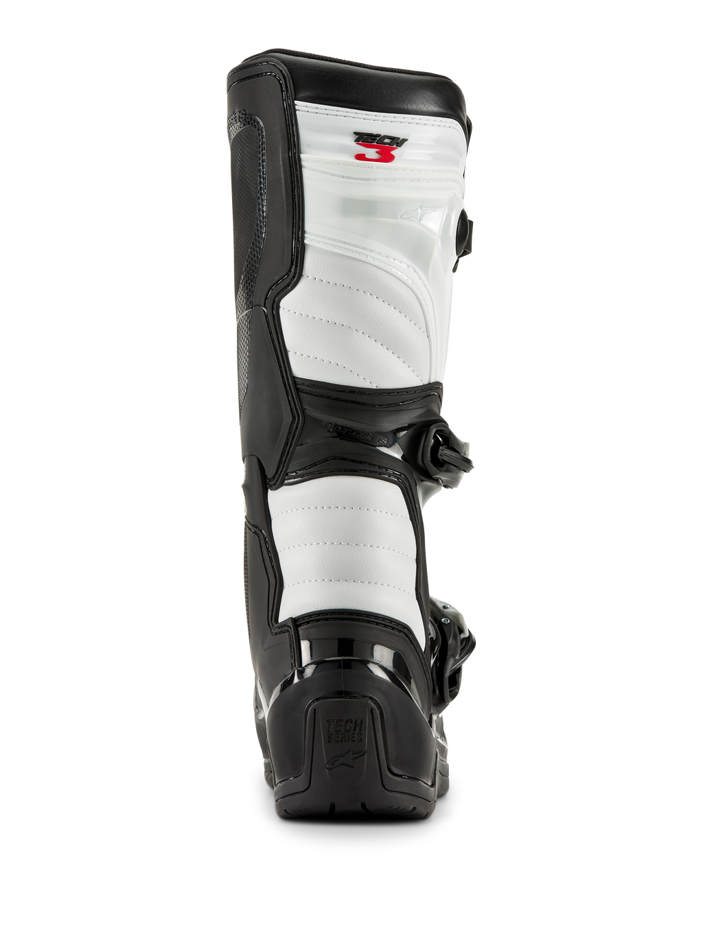 Botas Alpinestars Tech 3 en negro y blanco, vista trasera que muestra paneles acolchados blancos, protector de talón de TPU negro con el logotipo Tech Series y marca Tech 3 en rojo en la parte superior, calzado profesional de motocross.