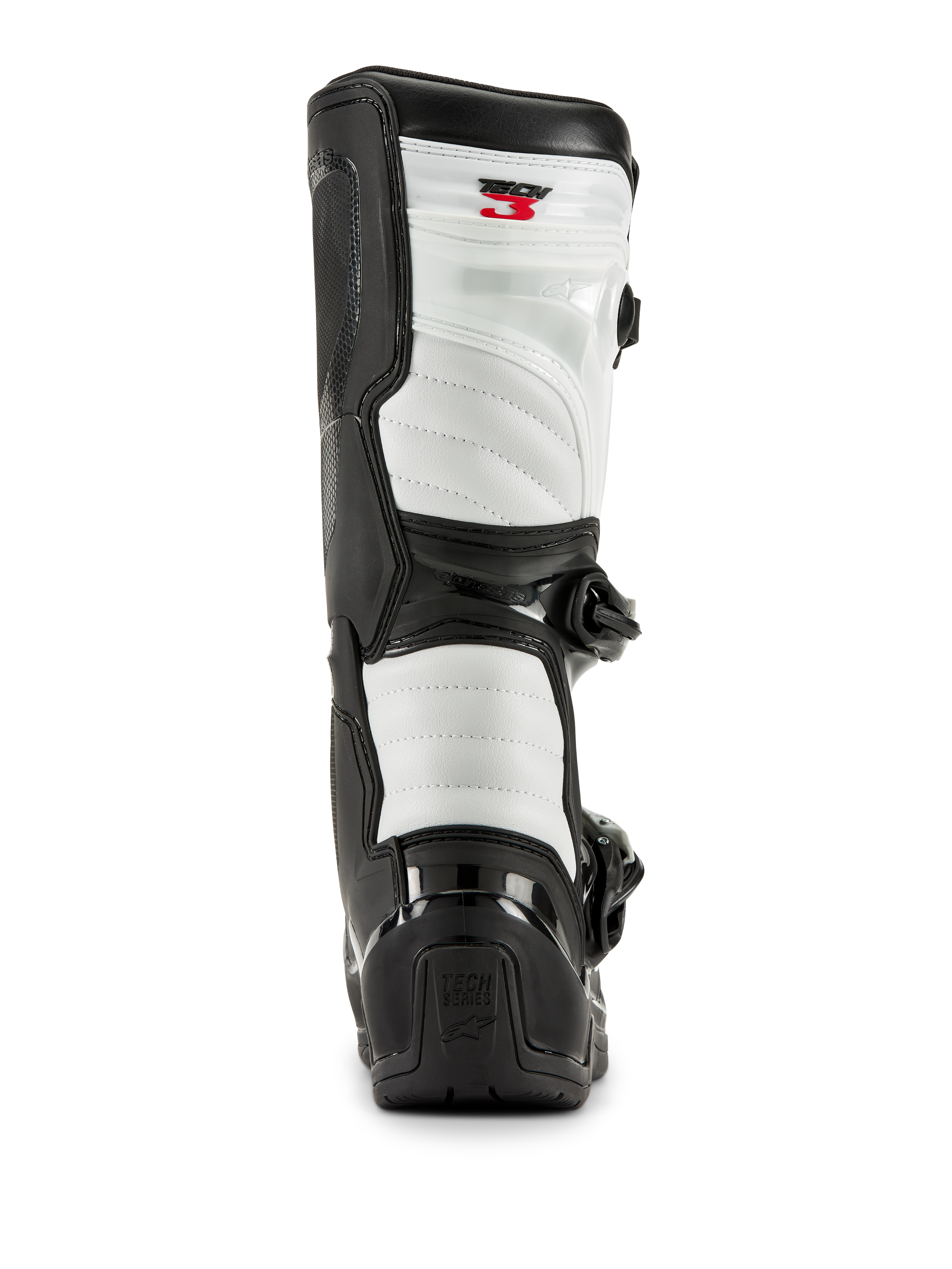 Botas Alpinestars Tech 3 en negro y blanco, vista trasera que muestra paneles acolchados blancos, protector de talón de TPU negro con el logotipo Tech Series y marca Tech 3 en rojo en la parte superior, calzado profesional de motocross.