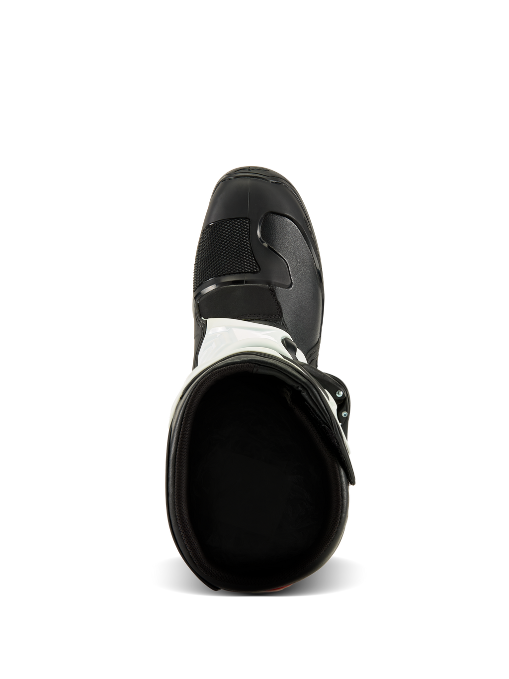 Botas Alpinestars Tech 3, vista superior, negro y blanco, mostrando el forro textil interior y la puntera negra reforzada, calzado de protección para motocross y off-road