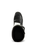 Botas Alpinestars Tech 3, vista superior, negro y blanco, mostrando el forro textil interior y la puntera negra reforzada, calzado de protección para motocross y off-road