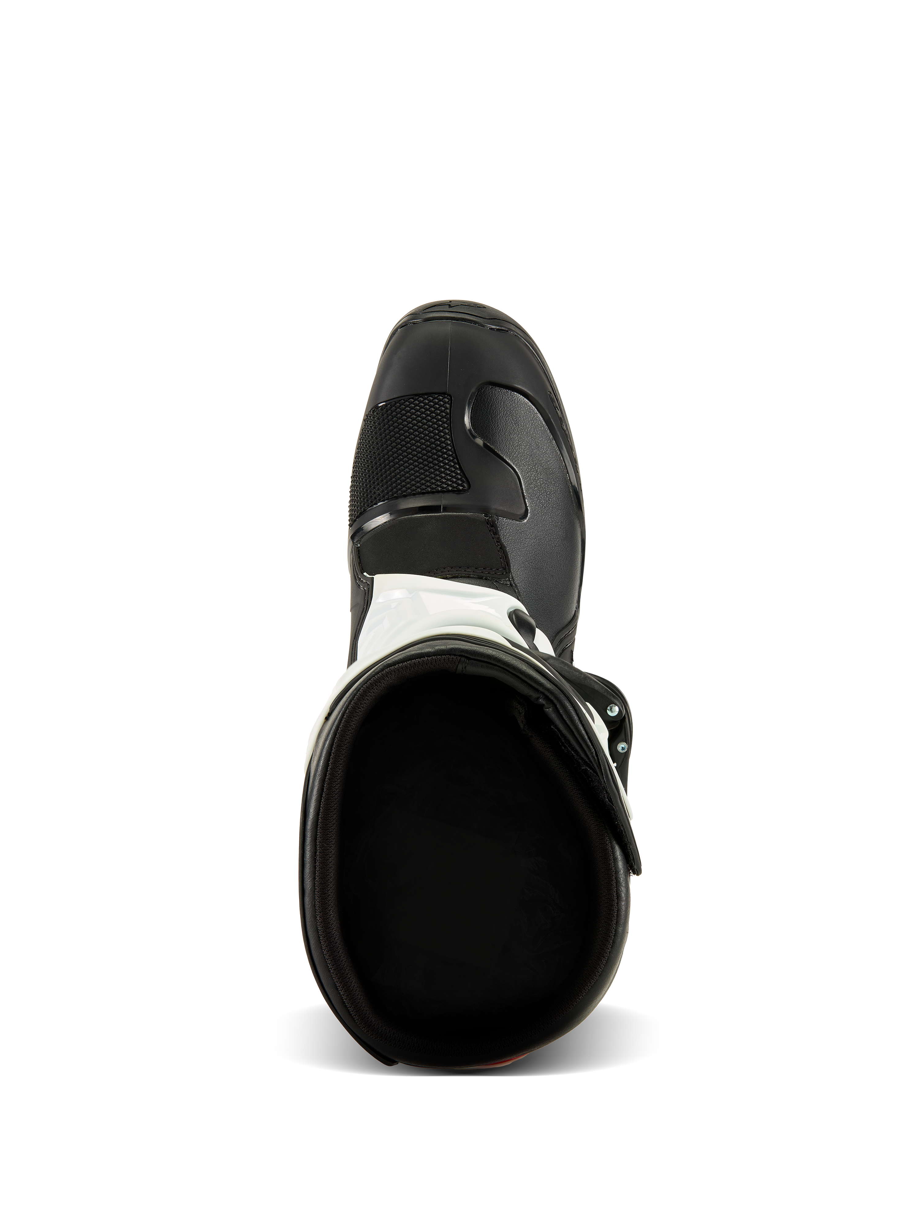 Botas Alpinestars Tech 3, vista superior, negro y blanco, mostrando el forro textil interior y la puntera negra reforzada, calzado de protección para motocross y off-road