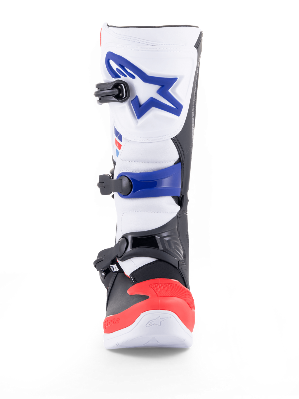 Alpinestars Tech 3, bota de motocross y off-road blanca y azul con detalles rojos, protección de TPU, cierre de triple hebilla y certificación CE