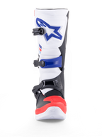 Alpinestars Tech 3, bota de motocross y off-road blanca y azul con detalles rojos, protección de TPU, cierre de triple hebilla y certificación CE