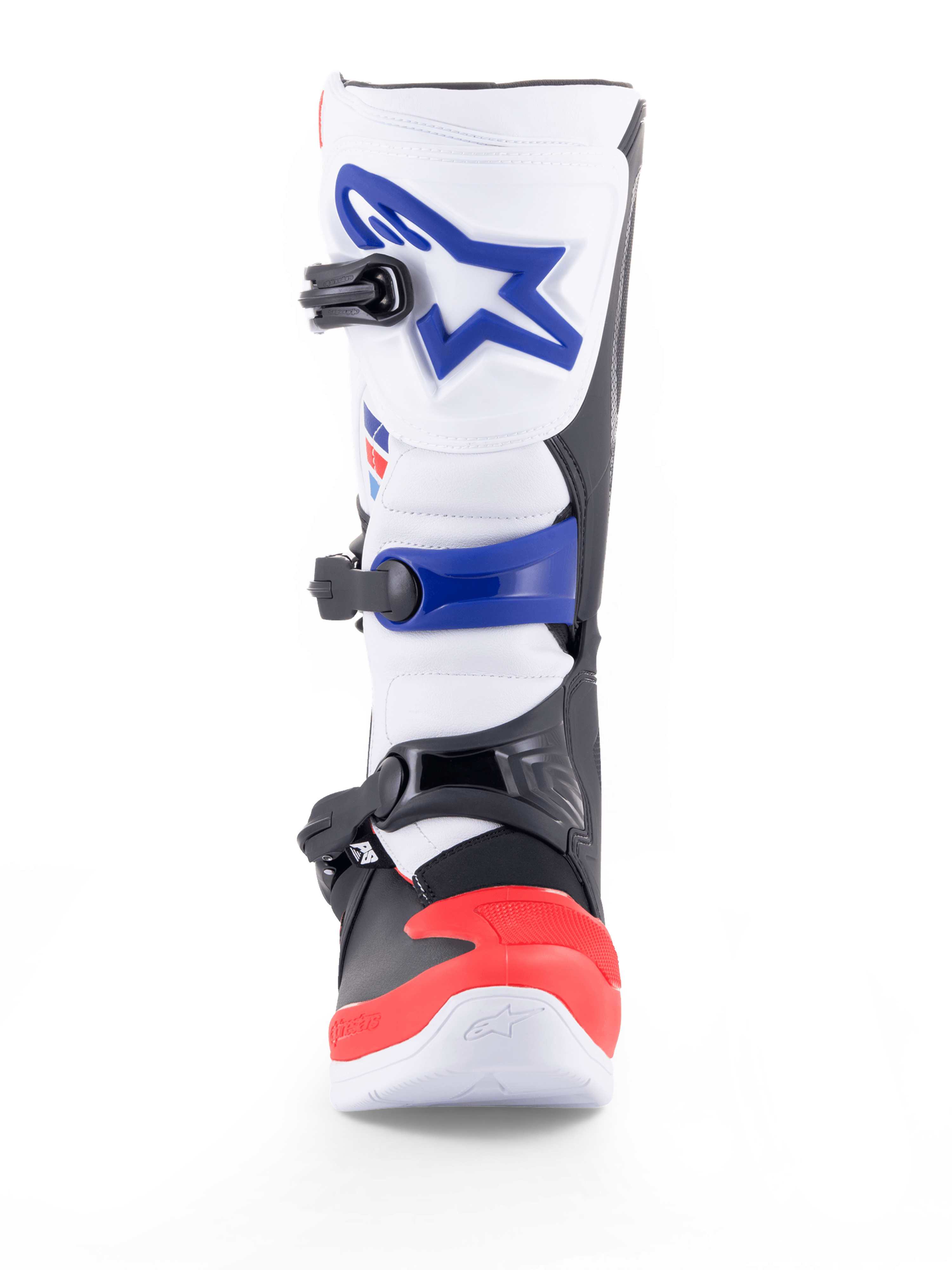 Alpinestars Tech 3, bota de motocross y off-road blanca y azul con detalles rojos, protección de TPU, cierre de triple hebilla y certificación CE
