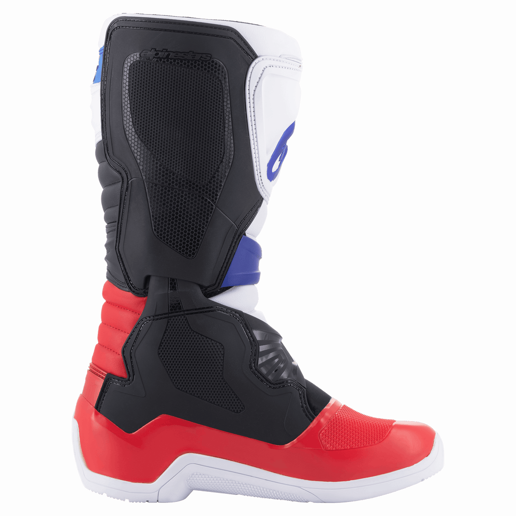 Alpinestars Tech 3 Boots, Motocross Boots, White Bright Red and Dark Blue, side profile view highlighting the TPU shin plate and protective construction, durable synthetic material for off-road riding