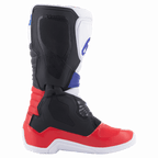 Alpinestars Tech 3 Boots, Motocross Boots, White Bright Red and Dark Blue, side profile view highlighting the TPU shin plate and protective construction, durable synthetic material for off-road riding