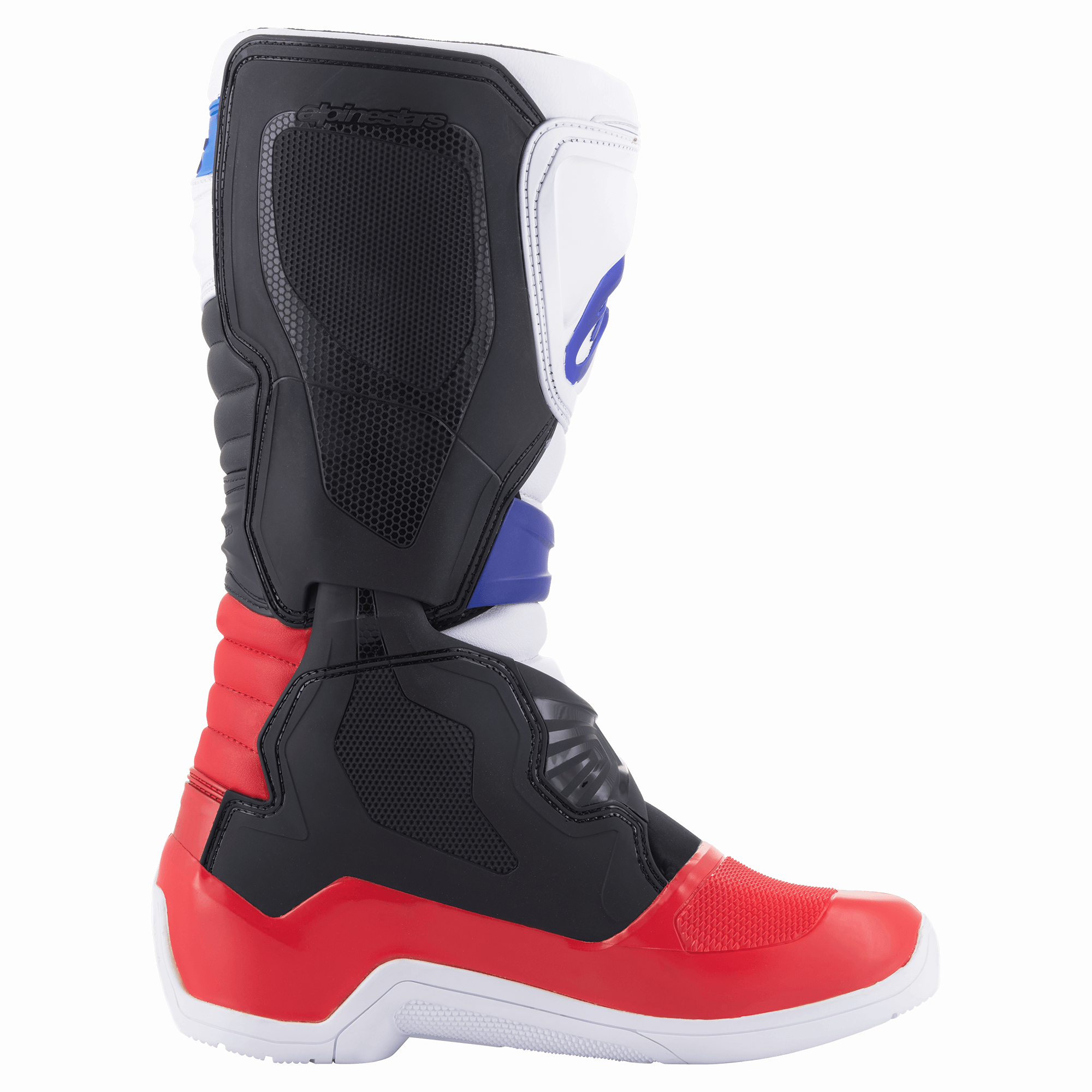 Alpinestars Tech 3 Boots, Motocross Boots, White Bright Red and Dark Blue, side profile view highlighting the TPU shin plate and protective construction, durable synthetic material for off-road riding
