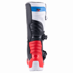 Alpinestars Tech 3 Boots, Motocross Boots, White Bright Red and Dark Blue, rear view showing red accordion flex zones, white upper with blue logo strap, and protective heel counter