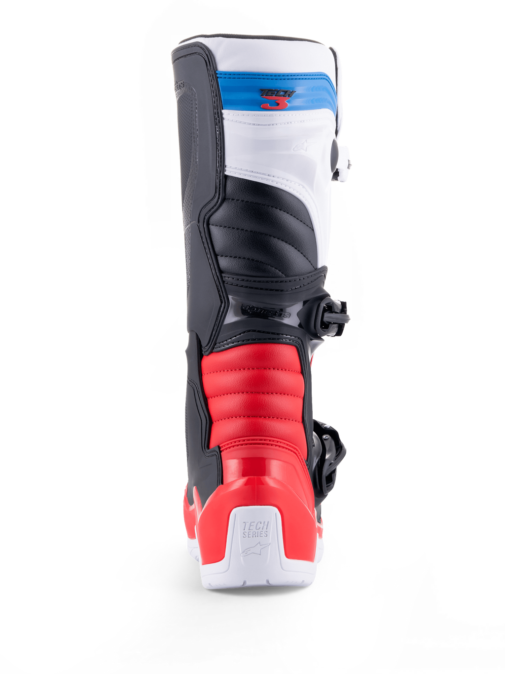 Alpinestars Tech 3, botas de motocross todoterreno vistas desde atrás, blancas con detalles rojos y azules oscuros, construcción protectora de TPU y cierre de hebillas