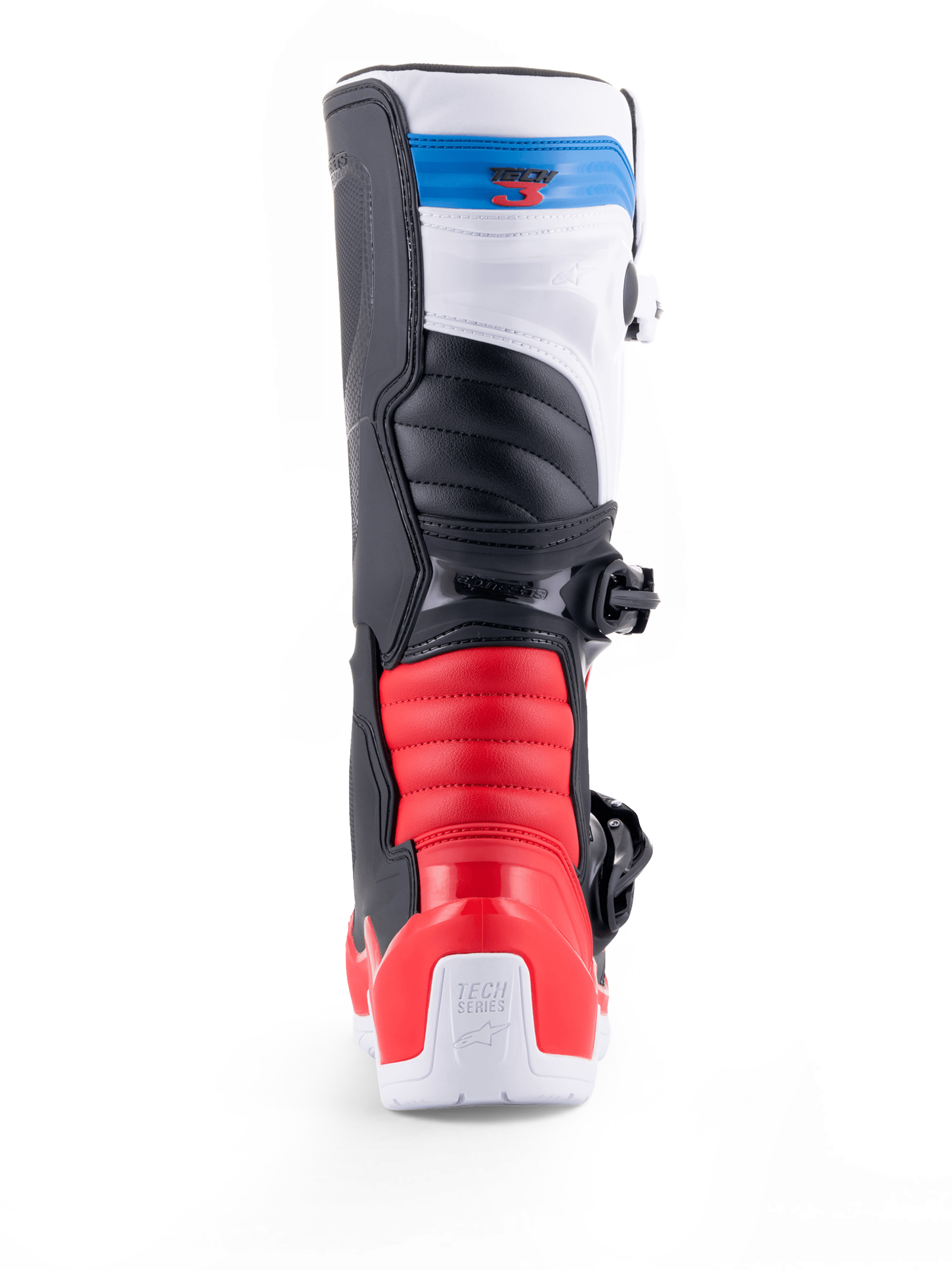 Alpinestars Tech 3, botas de motocross todoterreno vistas desde atrás, blancas con detalles rojos y azules oscuros, construcción protectora de TPU y cierre de hebillas