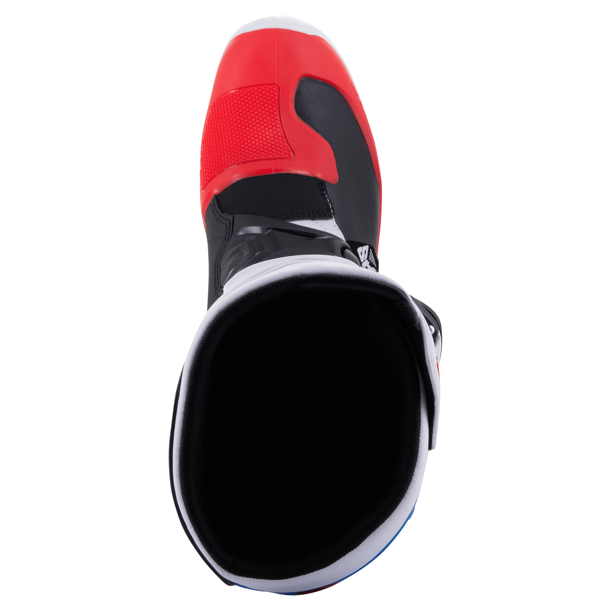 Alpinestars Tech 3 Boots, Motocross Boots, White Bright Red and Dark Blue, top-down view looking into the boot opening, featuring a red toe box and black interior lining, lightweight microfiber and TPU construction for off-road racing