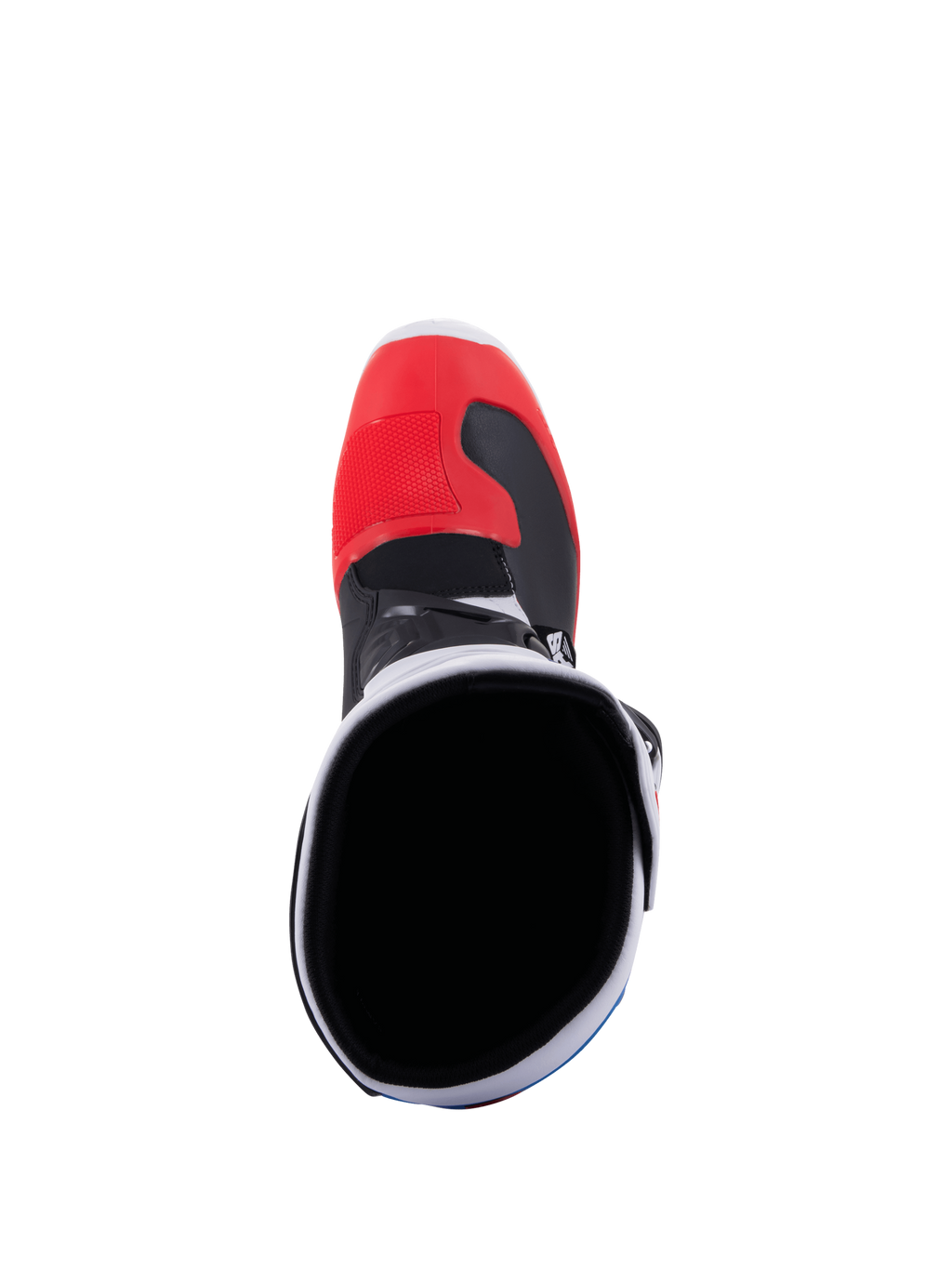 Alpinestars Tech 3, botas de motocross todoterreno blancas y de color rojo vivo, vista trasera con protección de TPU y cierre de hebilla
