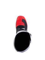 Alpinestars Tech 3, botas de motocross todoterreno blancas y de color rojo vivo, vista trasera con protección de TPU y cierre de hebilla