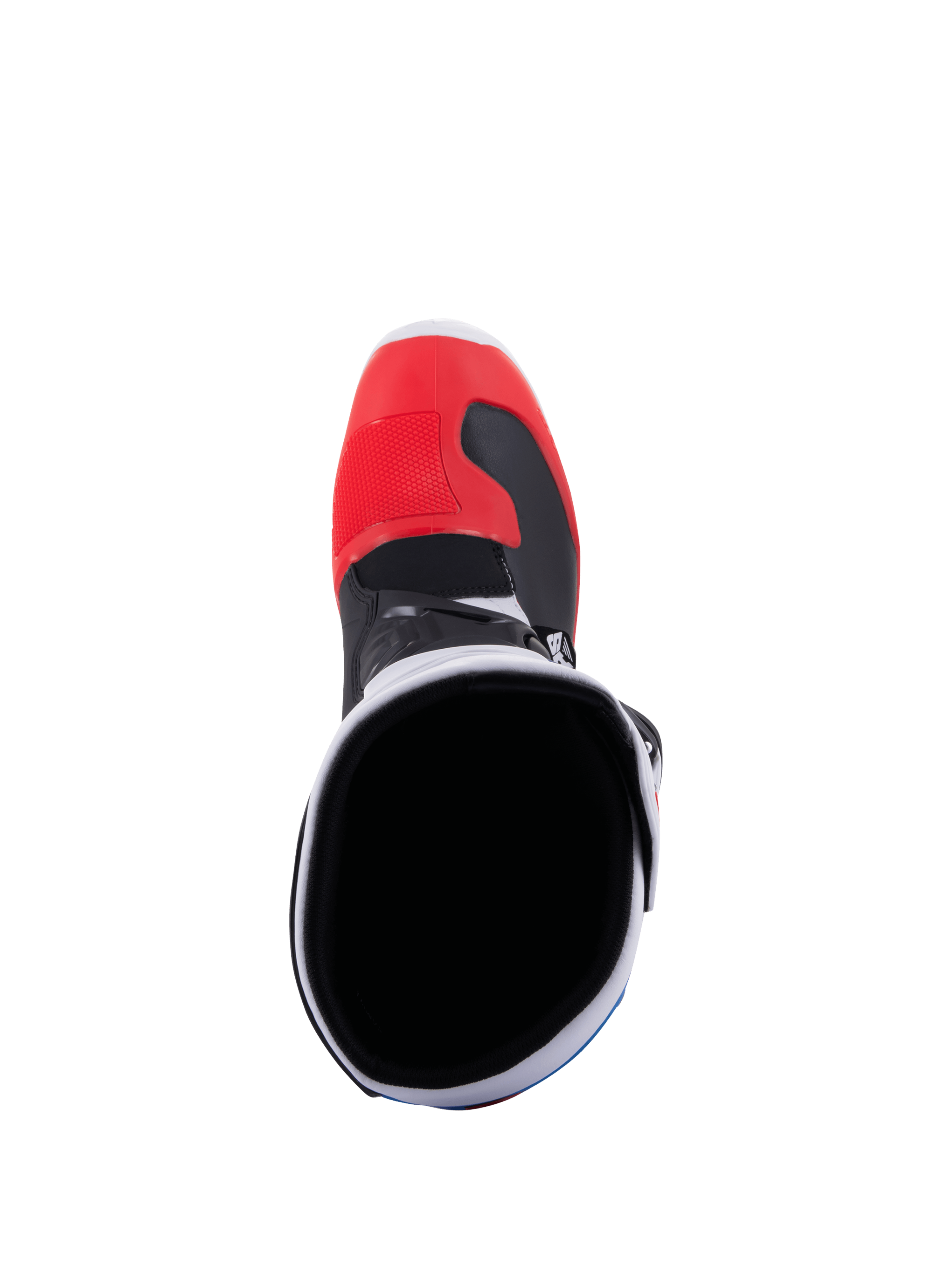 Alpinestars Tech 3, botas de motocross todoterreno blancas y de color rojo vivo, vista trasera con protección de TPU y cierre de hebilla