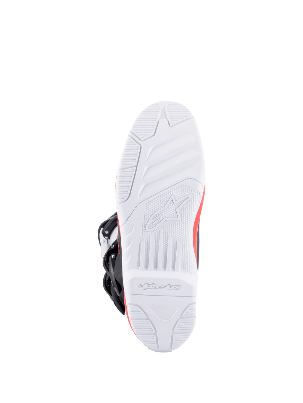 Alpinestars Tech 3, botas de motocross vistas desde la suela, con suela blanca de alto agarre, detalles rojos y hebillas negras