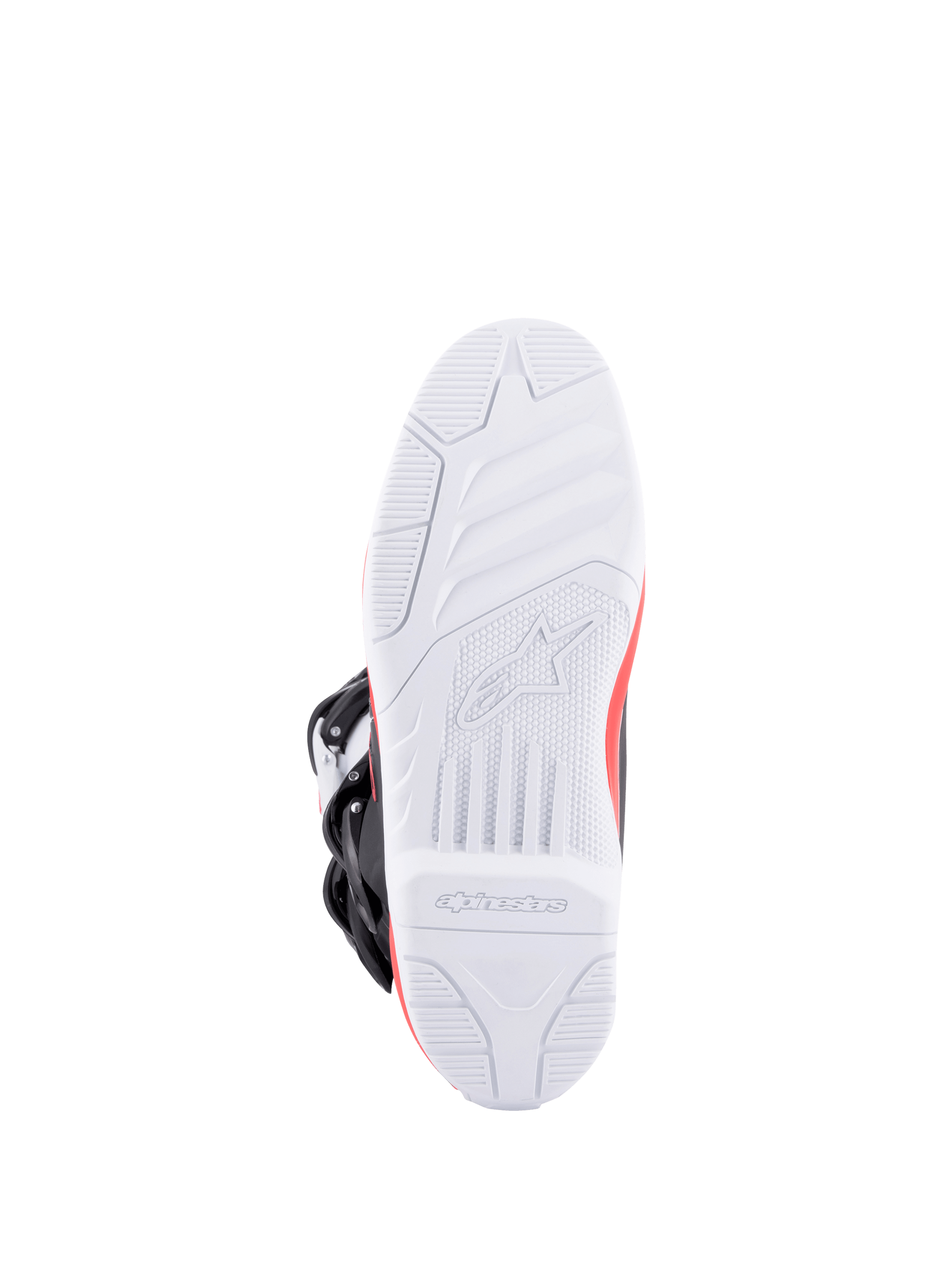 Alpinestars Tech 3, botas de motocross vistas desde la suela, con suela blanca de alto agarre, detalles rojos y hebillas negras