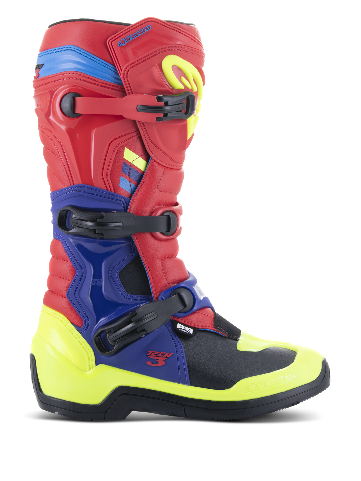 Botas Alpinestars Tech 3, botas de motocross, rojo brillante, azul oscuro y amarillo fluo, con sistema de cierre de tres hebillas, placas de protección de TPU y vibrantes detalles en neón, construcción de microfibra duradera para conducción off-road