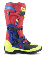 Botas Alpinestars Tech 3, botas de motocross, rojo brillante, azul oscuro y amarillo fluo, con sistema de cierre de tres hebillas, placas de protección de TPU y vibrantes detalles en neón, construcción de microfibra duradera para conducción off-road