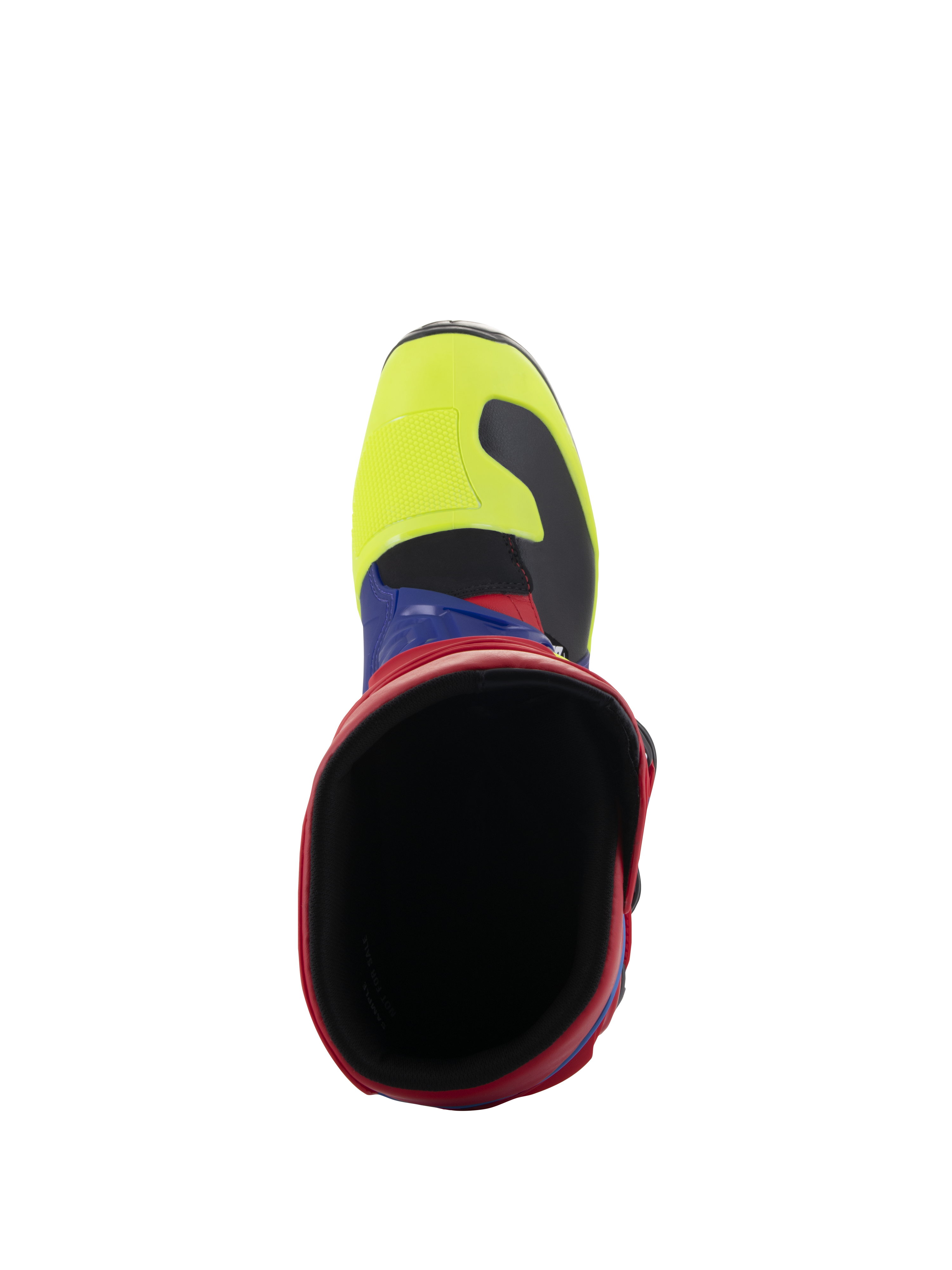 Alpinestars Tech 3 Boots, Motocross Boots, Bright Red Dark Blue and Yellow Fluo, top-down view looking into the boot opening, featuring a yellow fluo toe box and red collar, durable off-road protective footwear