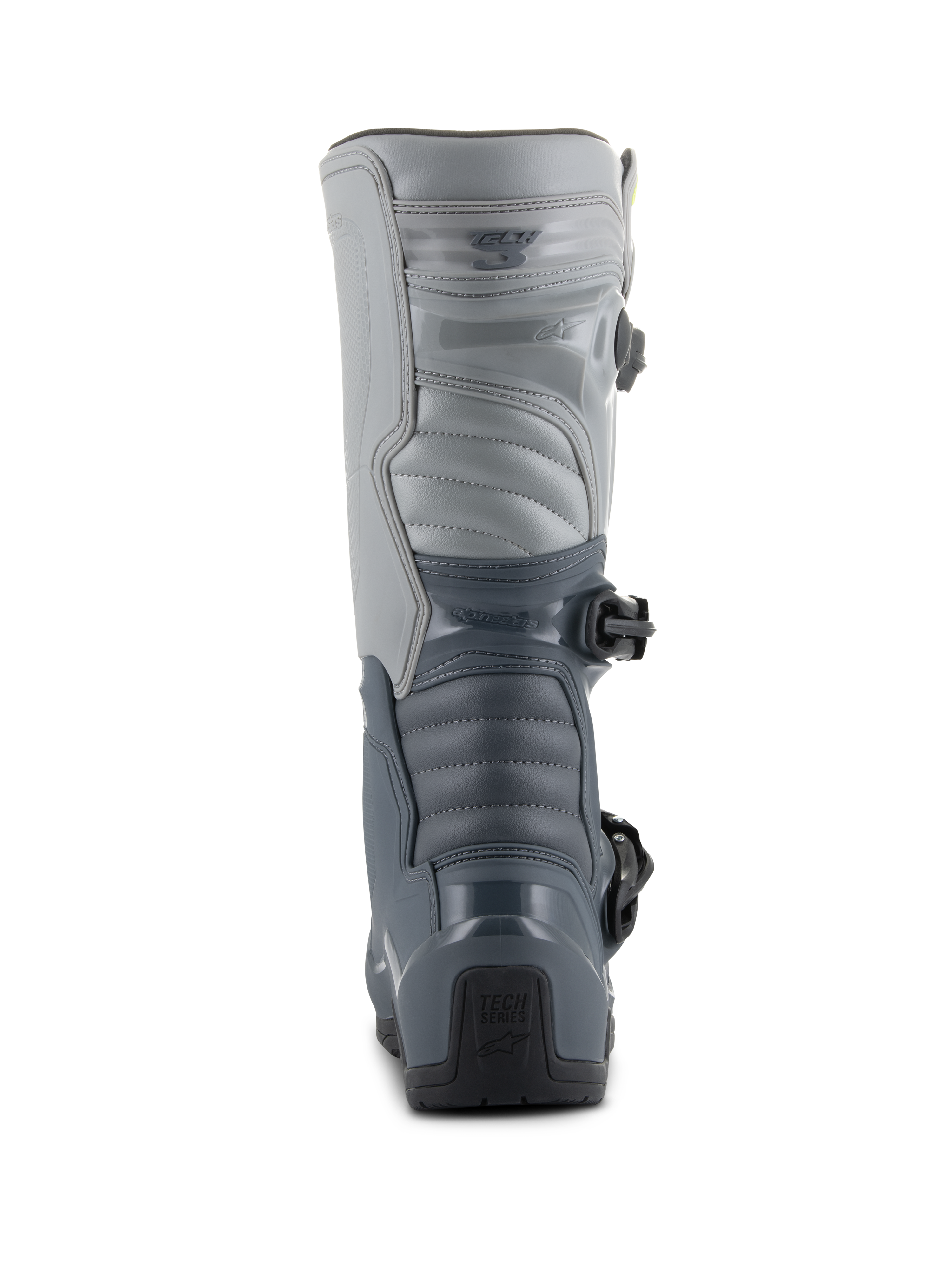 Alpinestars Tech 3 Boots, Motocross Boots, Dark Gray, Light Gray, and Black, rear view featuring durable TPU protection plates, segmented gray panels, and 'Tech Series' branding on the heel.