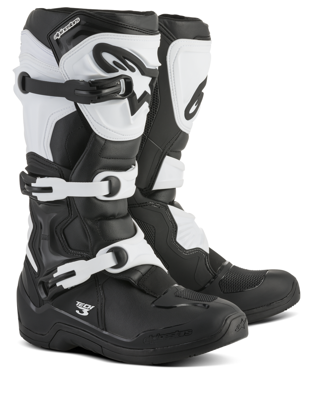 Botas Alpinestars Tech 3, botas de motocross, negras y blancas, con sistema de cierre de triple hebilla, espinillera protectora y compartimento para el talón de TPU, confección duradera en microfibra y material sintético para carreras off-road