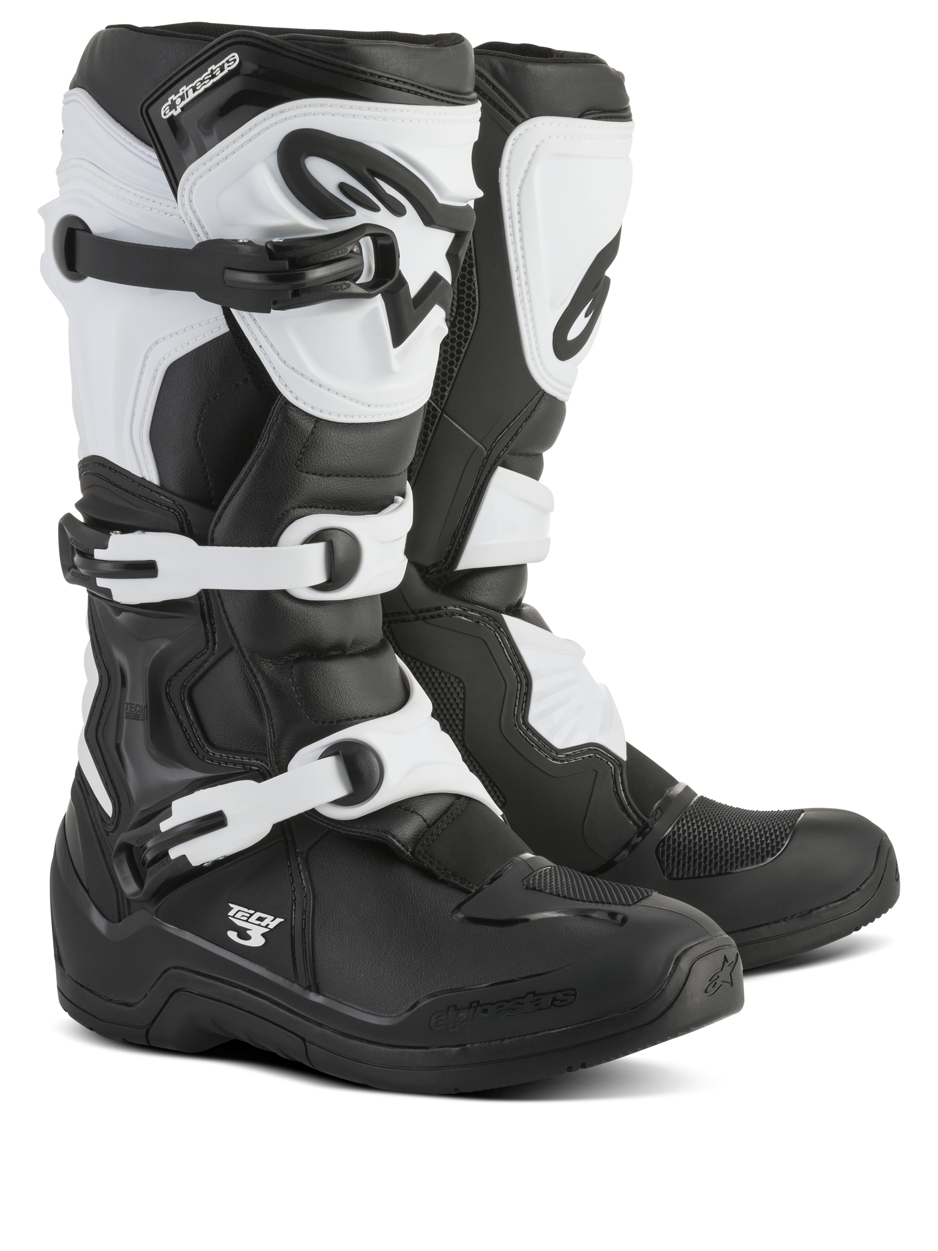 Botas Alpinestars Tech 3, botas de motocross, negras y blancas, con sistema de cierre de triple hebilla, espinillera protectora y compartimento para el talón de TPU, confección duradera en microfibra y material sintético para carreras off-road