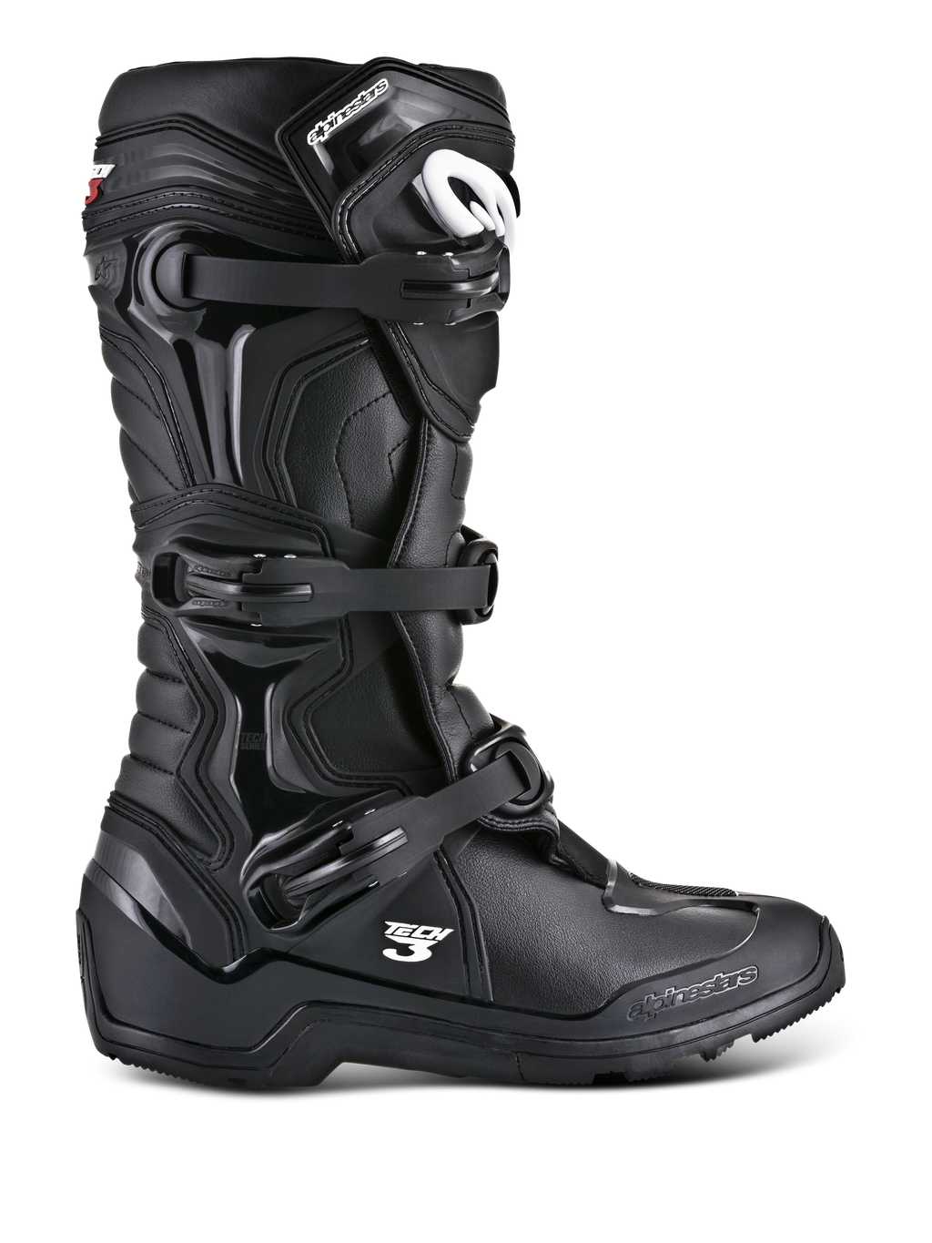 Alpinestars Tech 3 Enduro Boots, Black Off-Road Motorcycle Boots, side profile showing triple buckle closure system, reinforced TPU protection panels, high-traction lugged sole, and white Alpinestars branding.