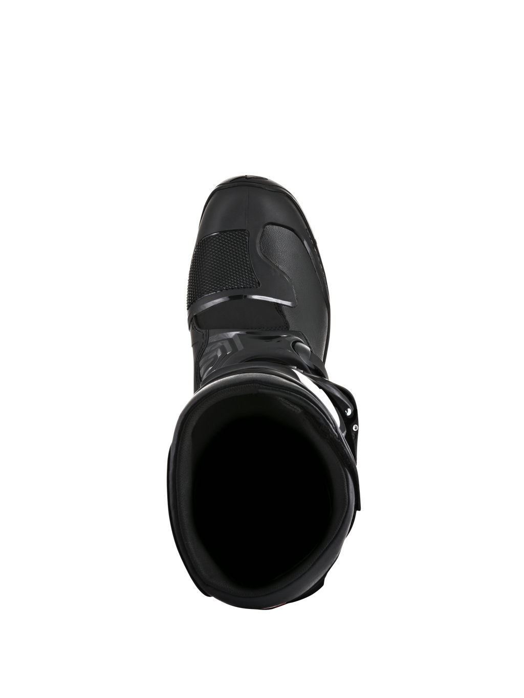 Alpinestars Tech 3 Enduro Boots, Black, top-down view looking into the boot opening, showing the interior collar and reinforced toe box area, designed for off-road and enduro riding.