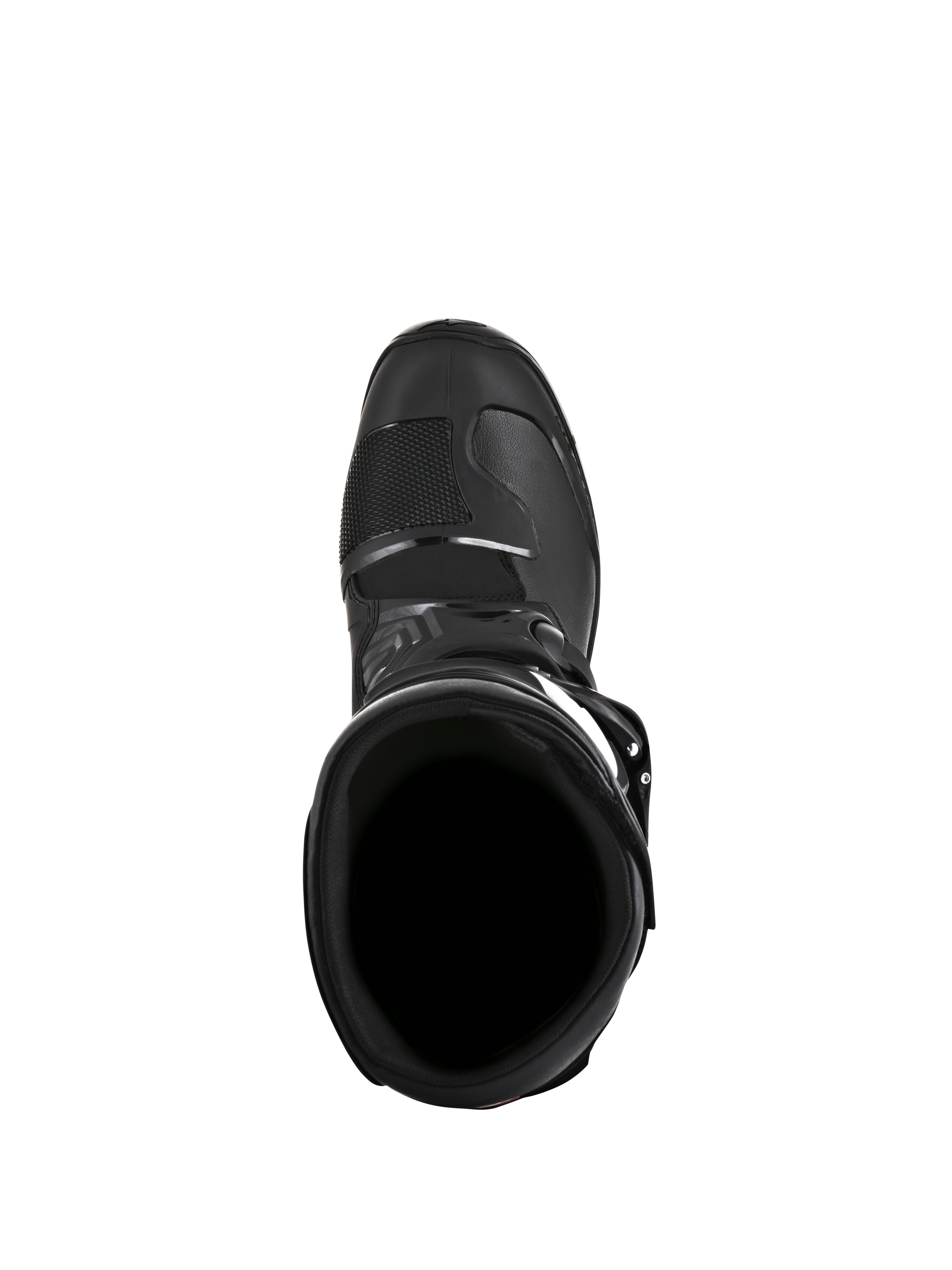Alpinestars Tech 3 Enduro Boots, Black, top-down view looking into the boot opening, showing the interior collar and reinforced toe box area, designed for off-road and enduro riding.