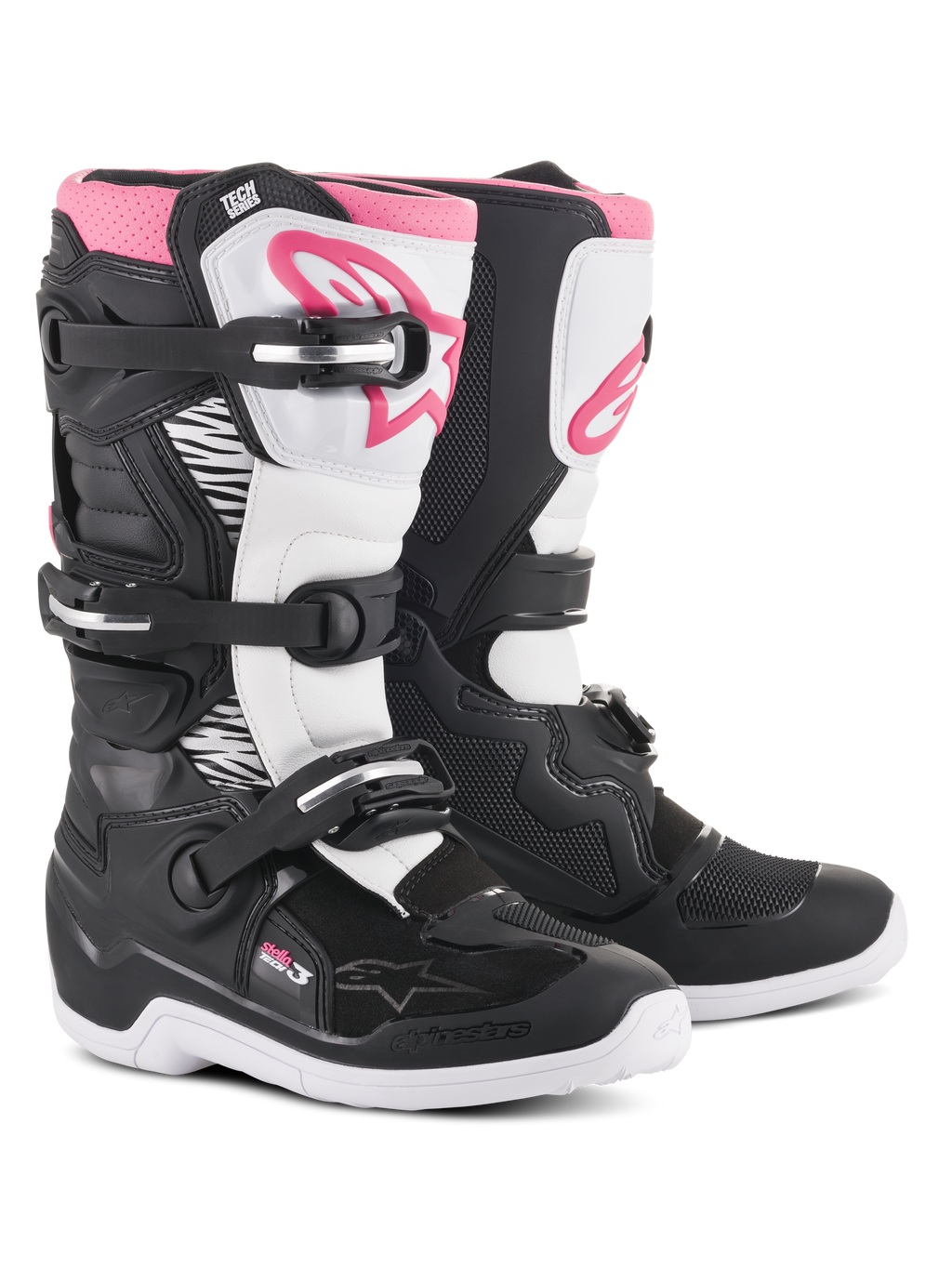 Botas Alpinestars Stella Tech 3, botas de motocross para mujer, negras, blancas y rosas, con espinillera blanca y logotipo de Alpinestars rosa, chasis negro con zonas de flexión blancas y sistema de cierre de tres hebillas.