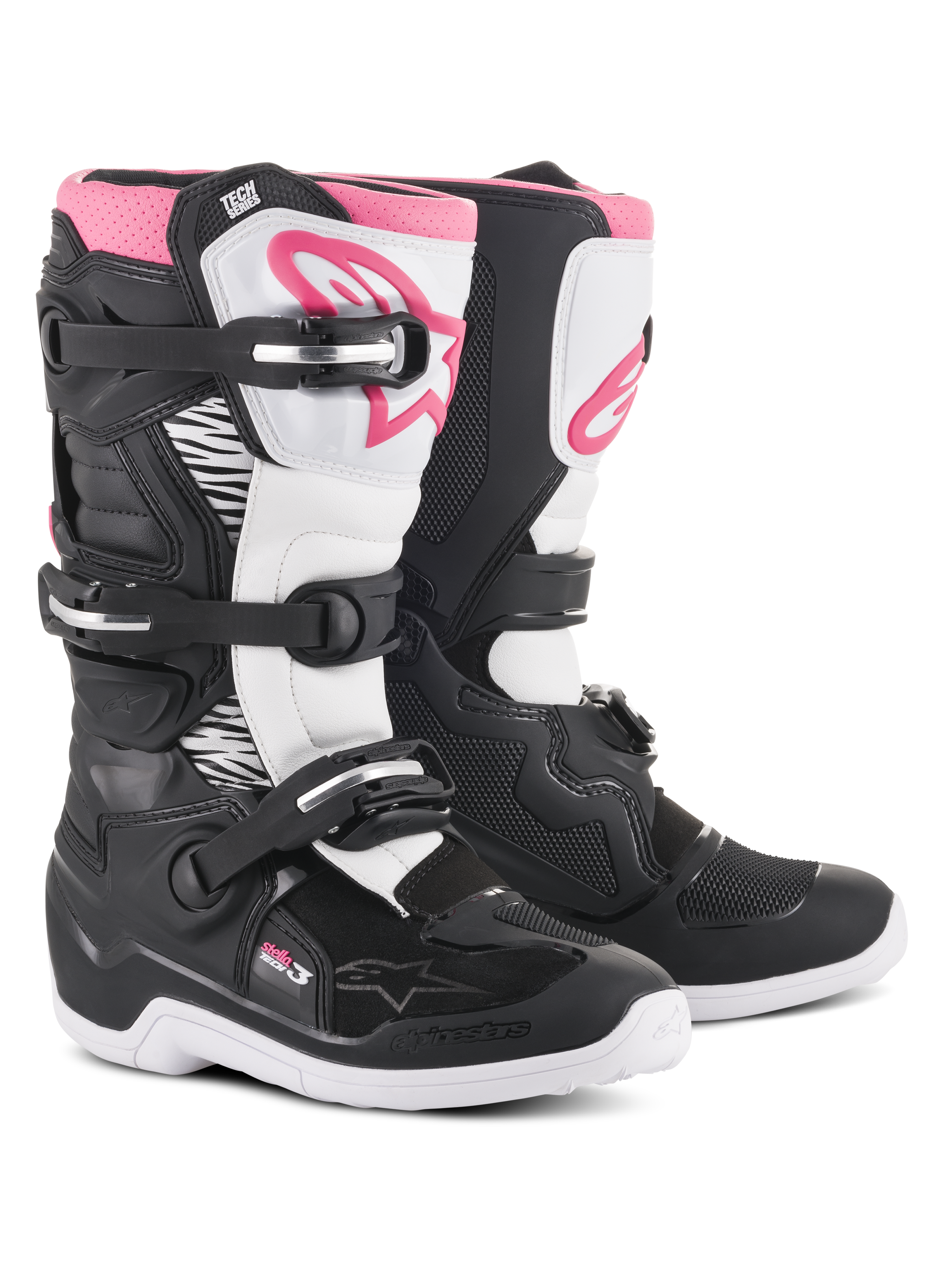 Botas Alpinestars Stella Tech 3, botas de motocross para mujer, negras, blancas y rosas, con espinillera blanca y logotipo de Alpinestars rosa, chasis negro con zonas de flexión blancas y sistema de cierre de tres hebillas.