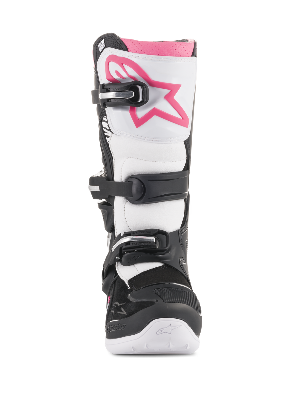 Botas Alpinestars Stella Tech 3 para mujer, botas de motocross, negro, blanco y rosa, vista frontal con placa de espinilla blanca y logotipo Astars rosa, sistema de cierre de hebillas negras y borde superior rosa, calzado protector duradero para conducción todoterreno.