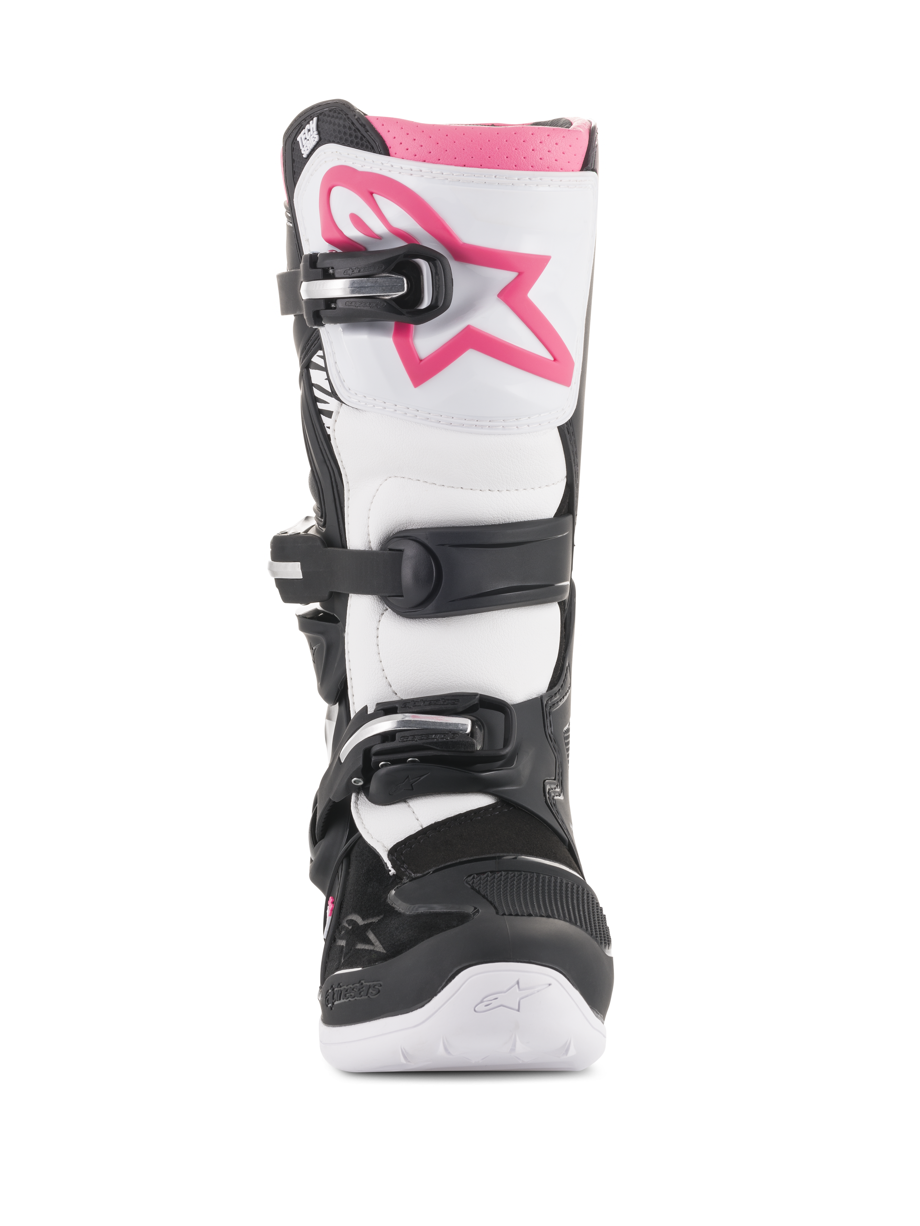 Botas Alpinestars Stella Tech 3 para mujer, botas de motocross, negro, blanco y rosa, vista frontal con placa de espinilla blanca y logotipo Astars rosa, sistema de cierre de hebillas negras y borde superior rosa, calzado protector duradero para conducción todoterreno.