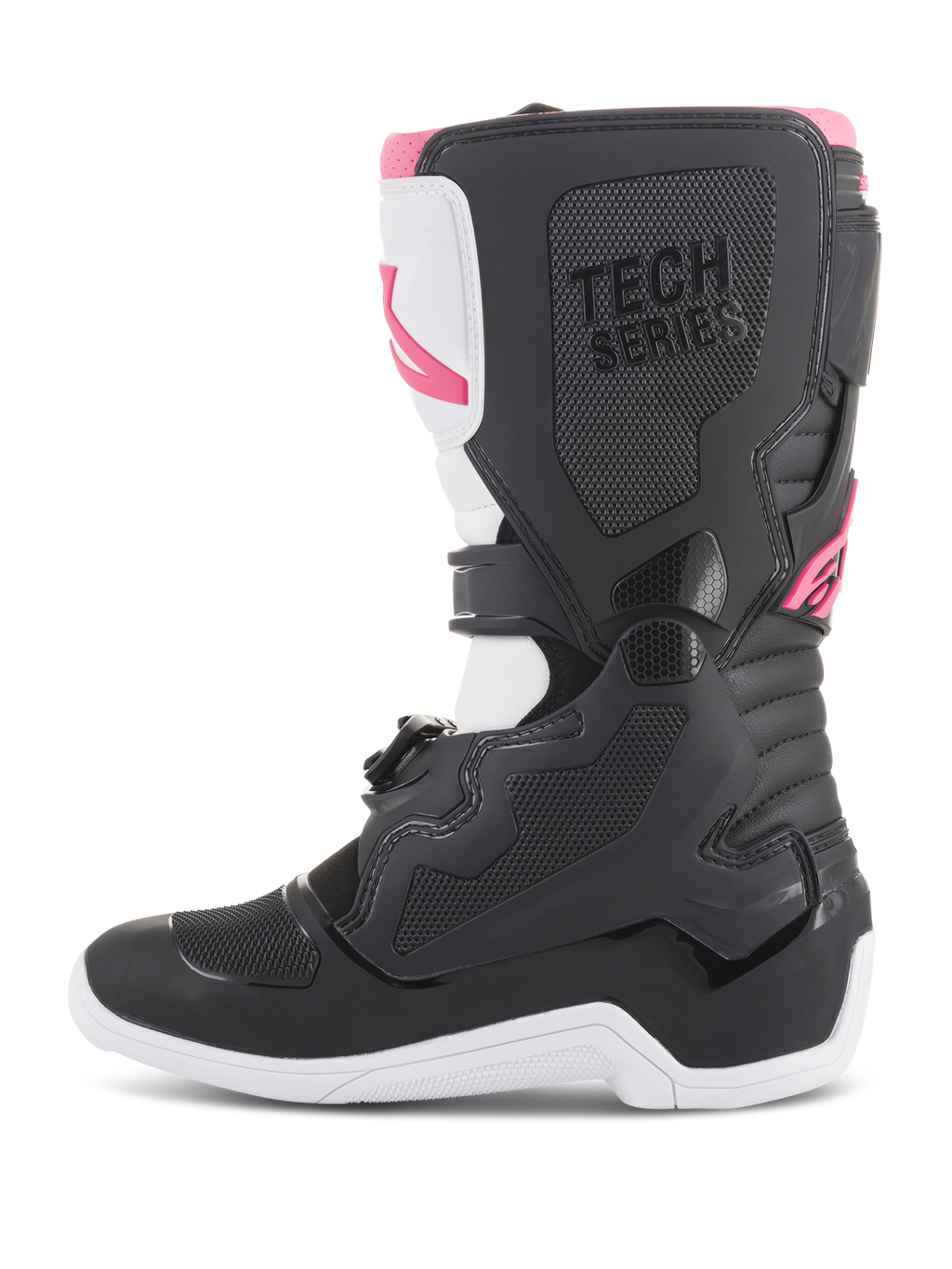 Botas Alpinestars Stella Tech 3 para mujer, botas de motocross, negras, blancas y rosas, perfil lateral con placa protectora de TPU en la espinilla, paneles de agarre texturizados y marca 'TECH SERIES' para carreras todoterreno