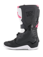 Botas Alpinestars Stella Tech 3 para mujer, botas de motocross, negras, blancas y rosas, perfil lateral con placa protectora de TPU en la espinilla, paneles de agarre texturizados y marca 'TECH SERIES' para carreras todoterreno