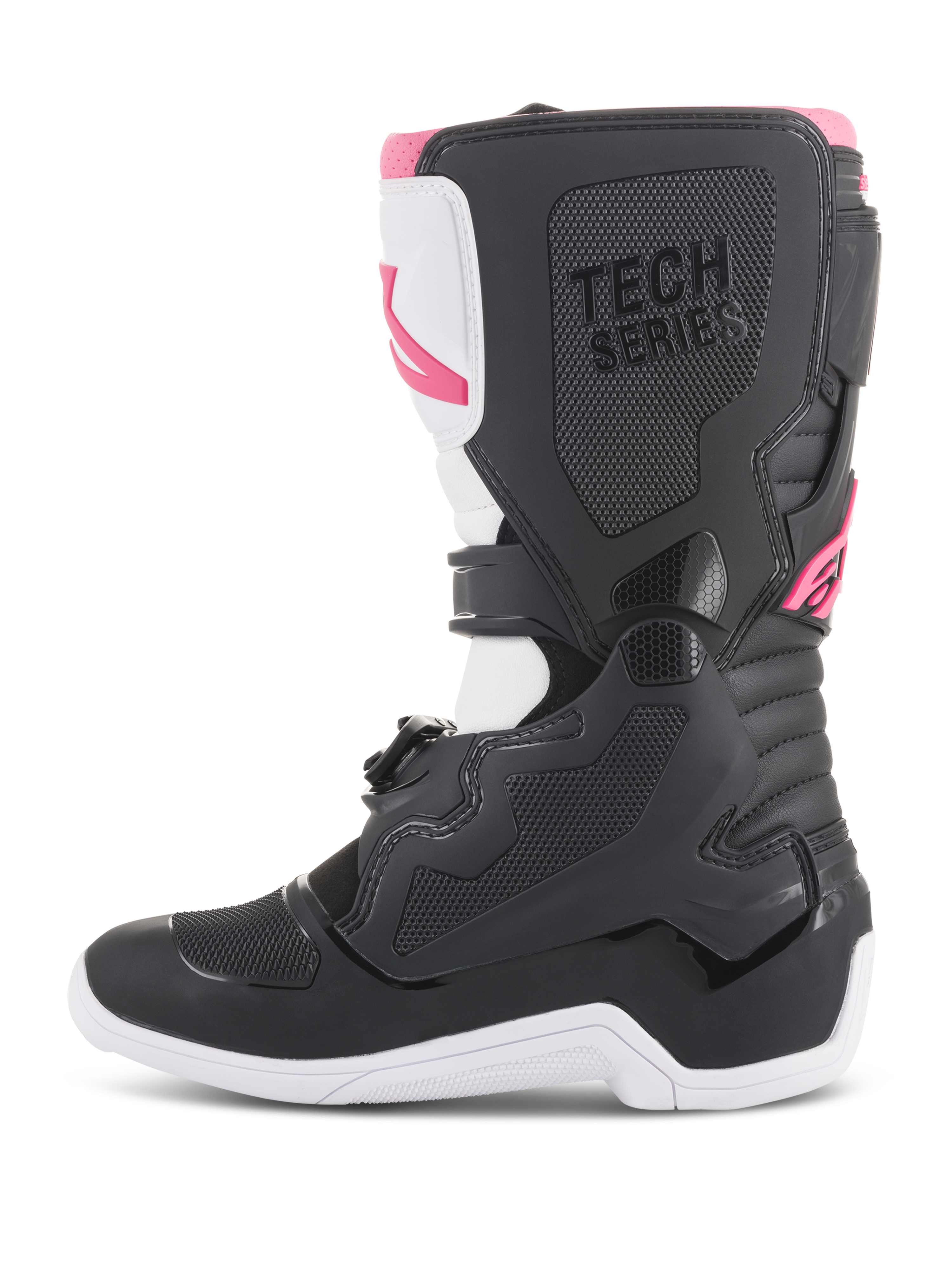 Botas Alpinestars Stella Tech 3 para mujer, botas de motocross, negras, blancas y rosas, perfil lateral con placa protectora de TPU en la espinilla, paneles de agarre texturizados y marca 'TECH SERIES' para carreras todoterreno