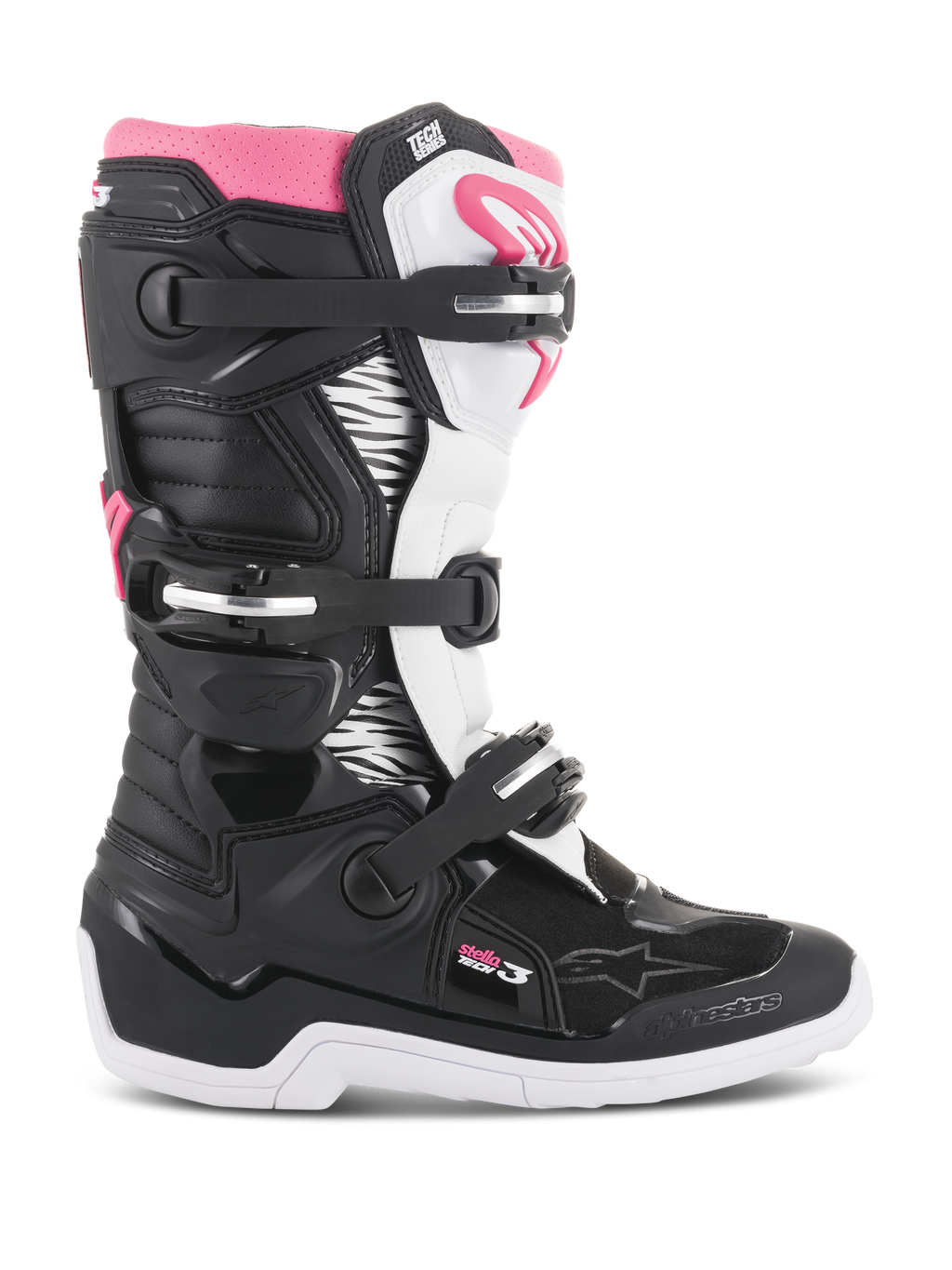 Botas Alpinestars Stella Tech 3 para mujer, botas de motocross, negras, blancas y rosas, vista de perfil lateral que muestra el sistema de cierre de tres hebillas, paneles gráficos con estampado de cebra, protección de espinilla de TPU y suela de goma blanca para conducción todoterreno
