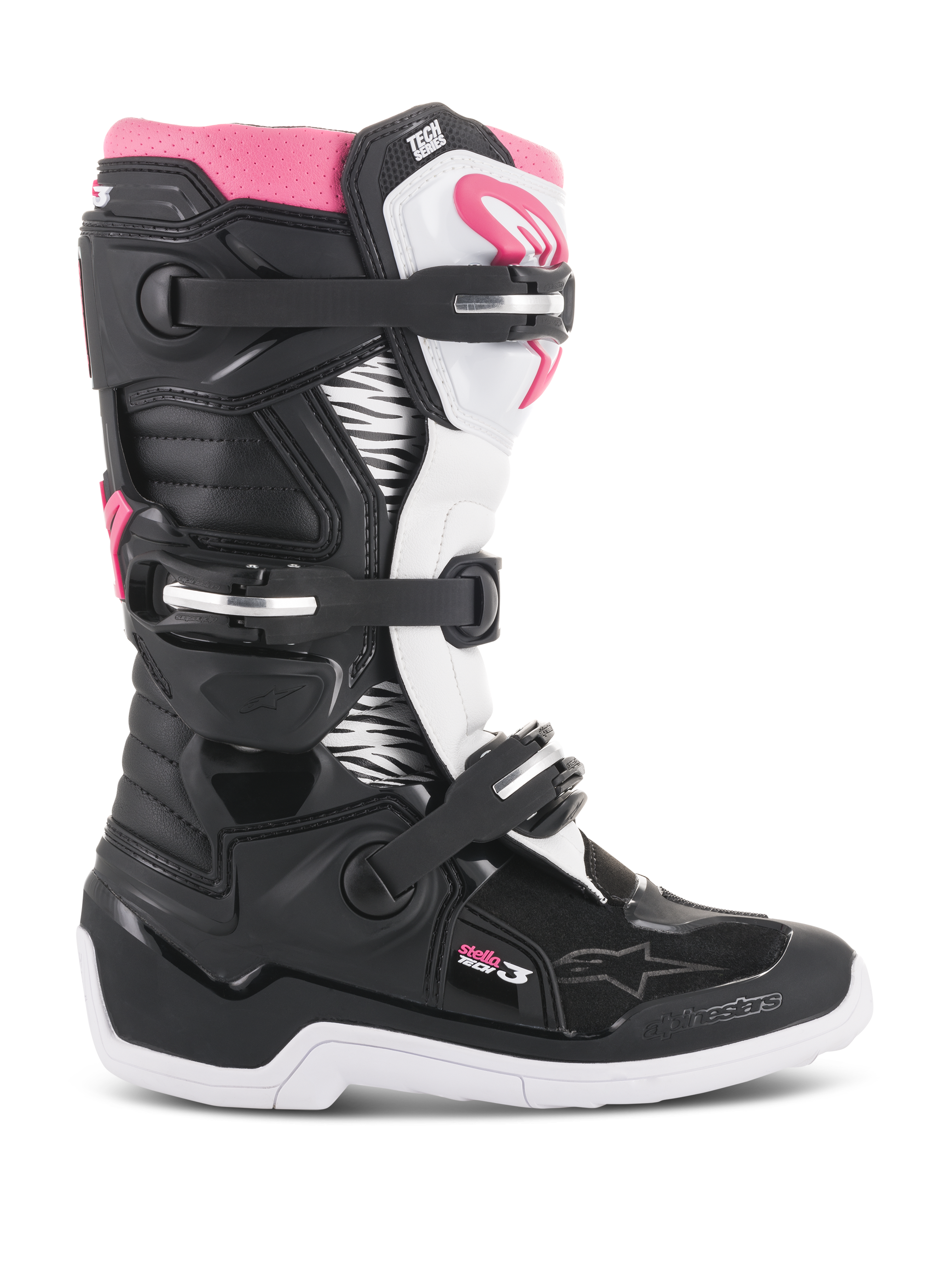 Botas Alpinestars Stella Tech 3 para mujer, botas de motocross, negras, blancas y rosas, vista de perfil lateral que muestra el sistema de cierre de tres hebillas, paneles gráficos con estampado de cebra, protección de espinilla de TPU y suela de goma blanca para conducción todoterreno