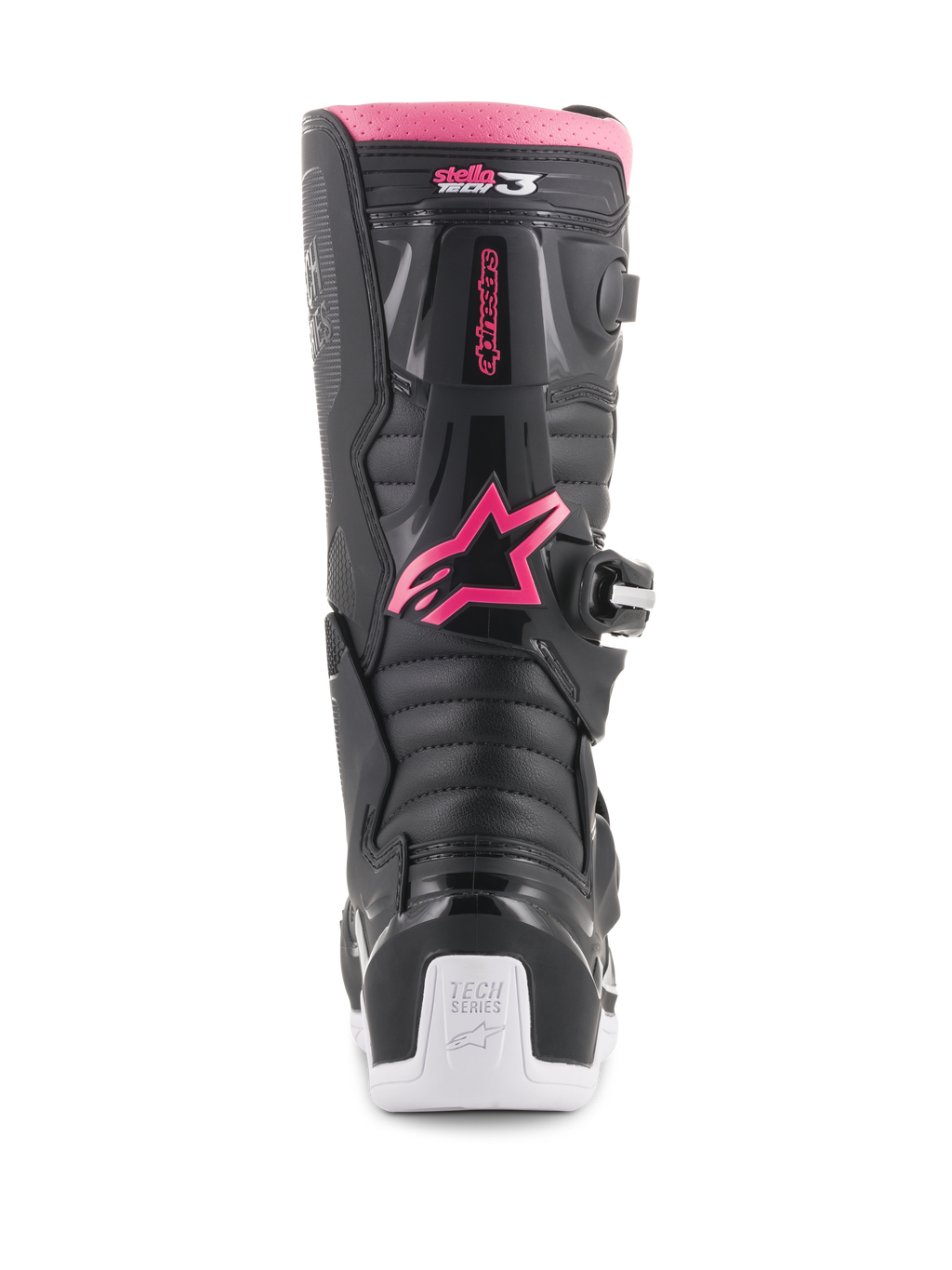 Botas Alpinestars Stella Tech 3 para mujer, botas de motocross en negro, blanco y rosa, vista posterior que muestra el logotipo de la estrella Alpinestars en rosa, borde superior rosa, paneles texturizados negros y talón blanco con la marca Tech Series.
