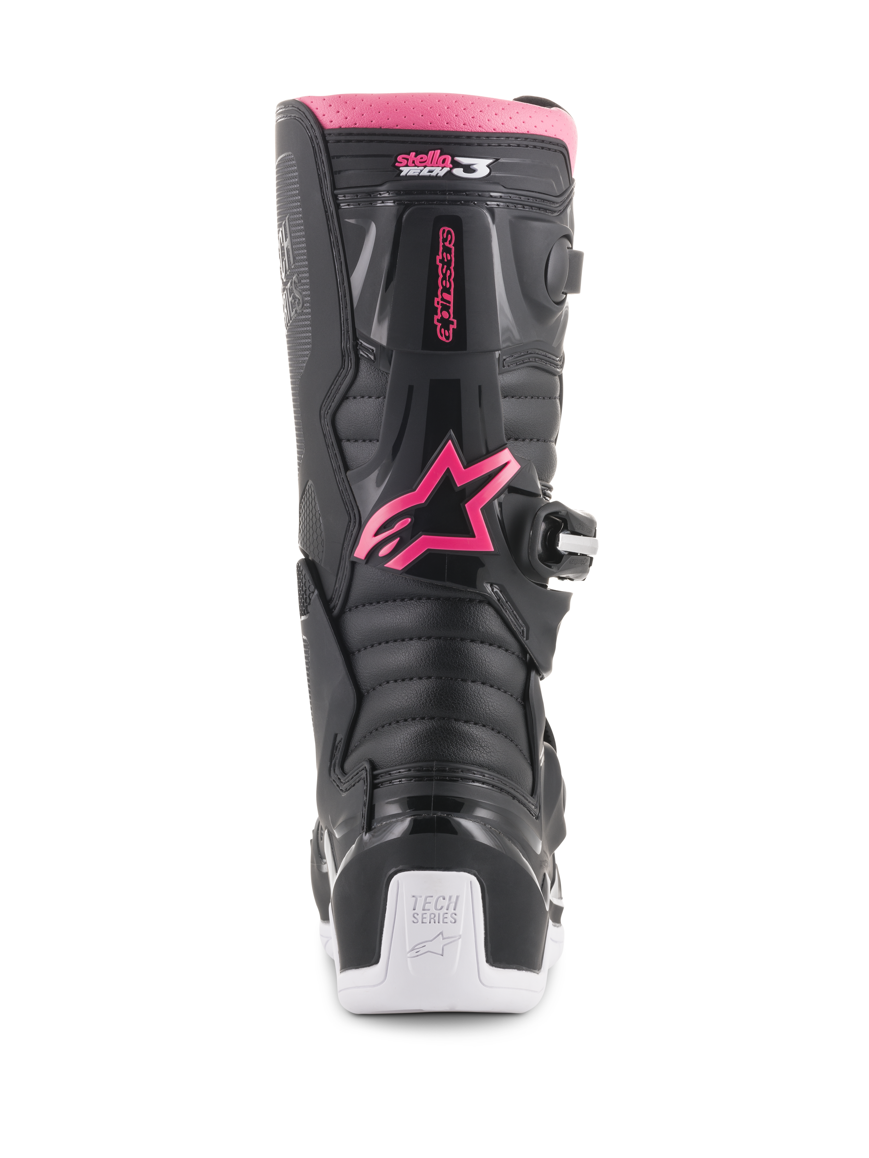 Botas Alpinestars Stella Tech 3 para mujer, botas de motocross en negro, blanco y rosa, vista posterior que muestra el logotipo de la estrella Alpinestars en rosa, borde superior rosa, paneles texturizados negros y talón blanco con la marca Tech Series.