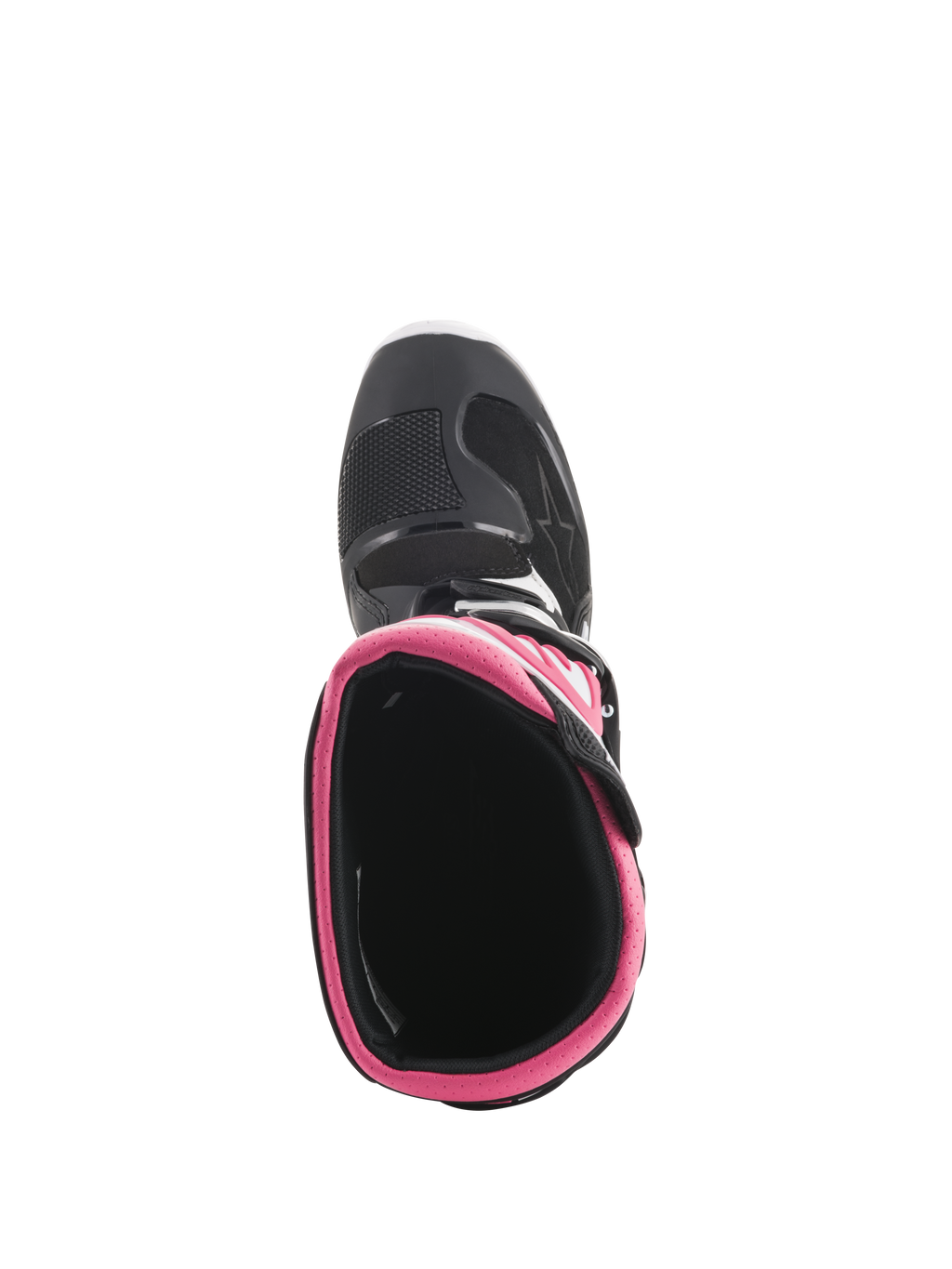 Alpinestars Stella Tech 3 Boots para mujer, botas de motocross, negro, blanco y rosa, vista superior que muestra el collarín interior rosa y la puntera, calzado duradero para carreras todoterreno