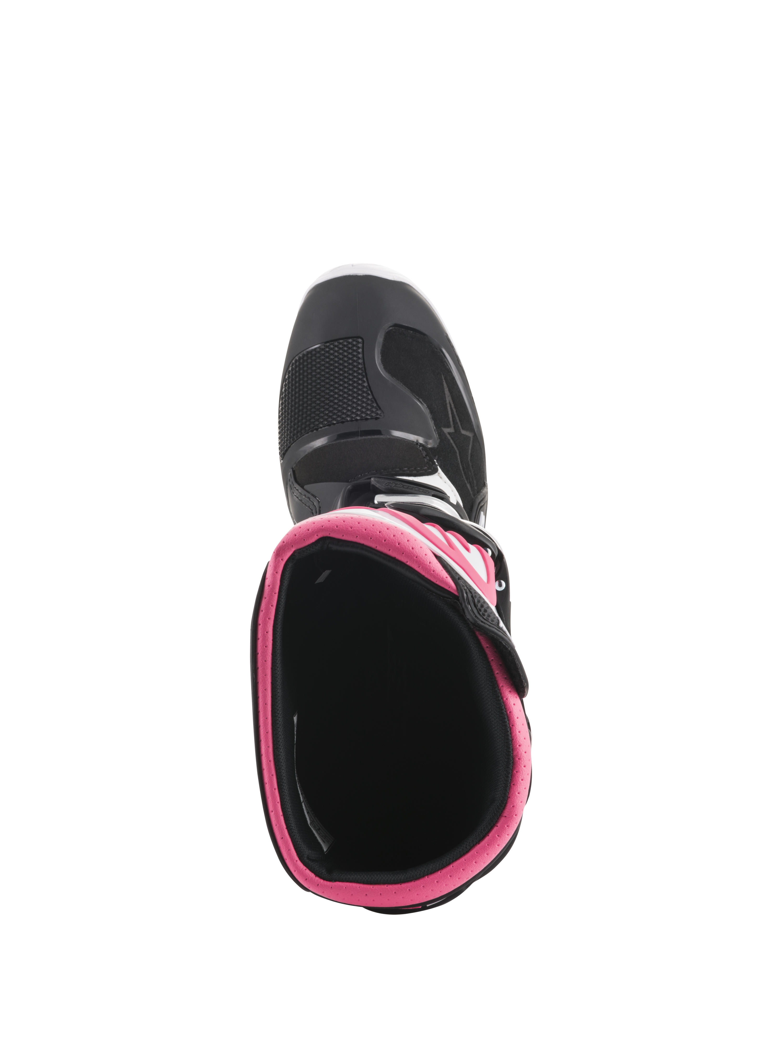 Alpinestars Stella Tech 3 Boots para mujer, botas de motocross, negro, blanco y rosa, vista superior que muestra el collarín interior rosa y la puntera, calzado duradero para carreras todoterreno