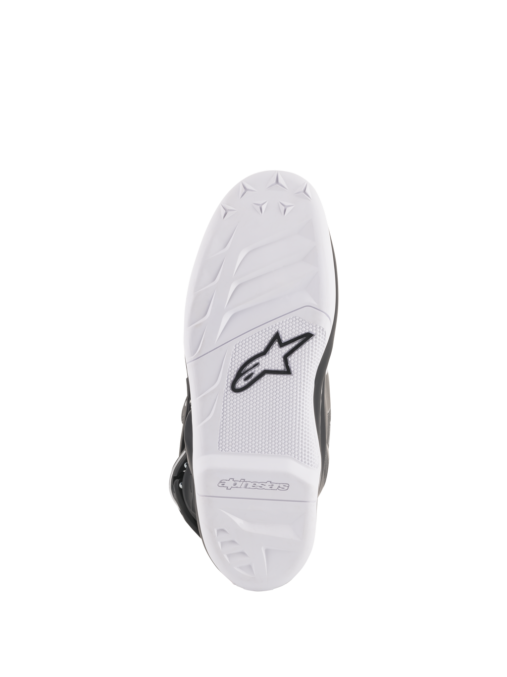 Botas Alpinestars Stella Tech 3 para mujer, vista de la suela, compuesto de goma blanca con logotipo Astar en negro, patrones de agarre texturizados y marca en relieve, suela de bota de motocross duradera y reemplazable