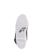 Botas Alpinestars Stella Tech 3 para mujer, vista de la suela, compuesto de goma blanca con logotipo Astar en negro, patrones de agarre texturizados y marca en relieve, suela de bota de motocross duradera y reemplazable