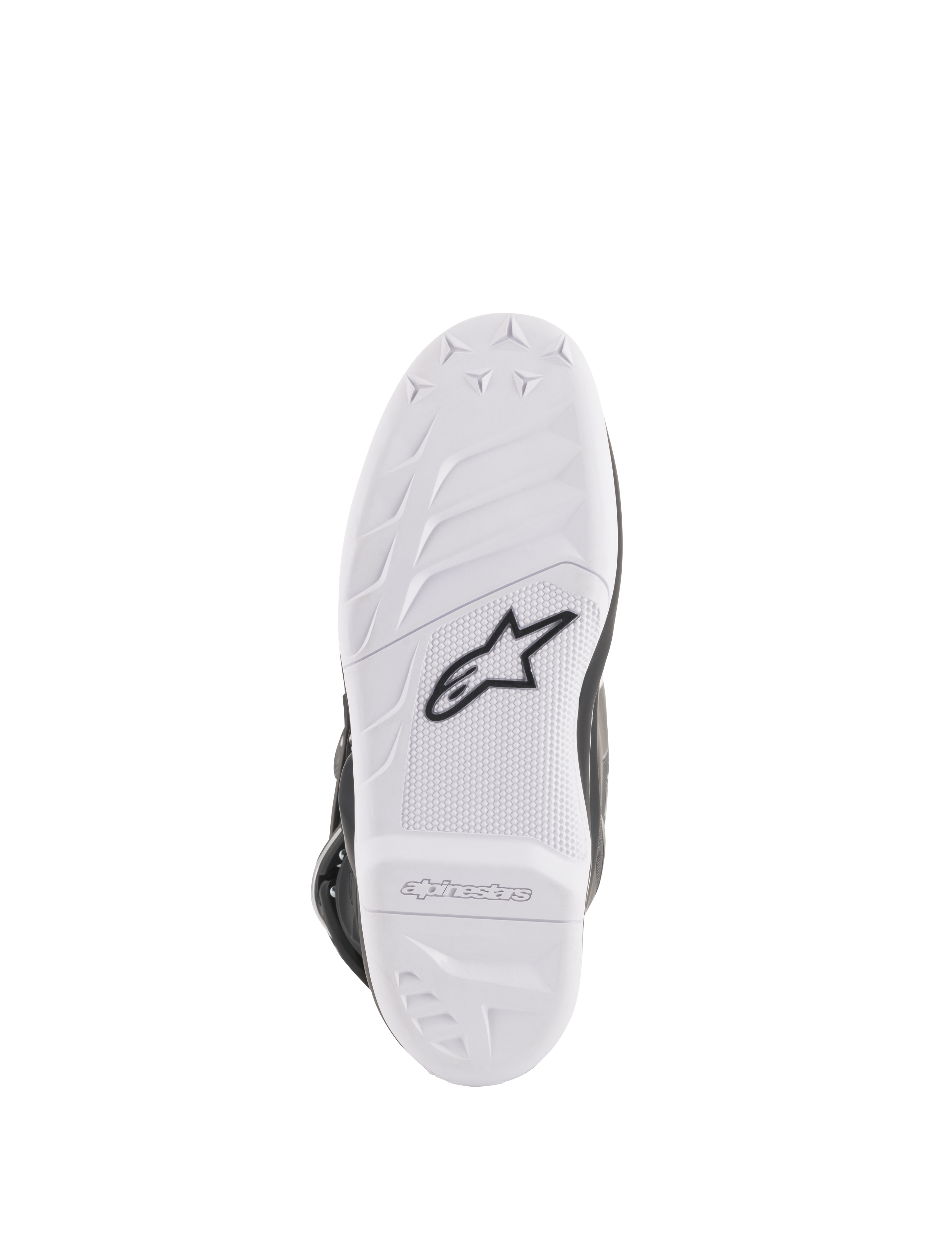 Botas Alpinestars Stella Tech 3 para mujer, vista de la suela, compuesto de goma blanca con logotipo Astar en negro, patrones de agarre texturizados y marca en relieve, suela de bota de motocross duradera y reemplazable