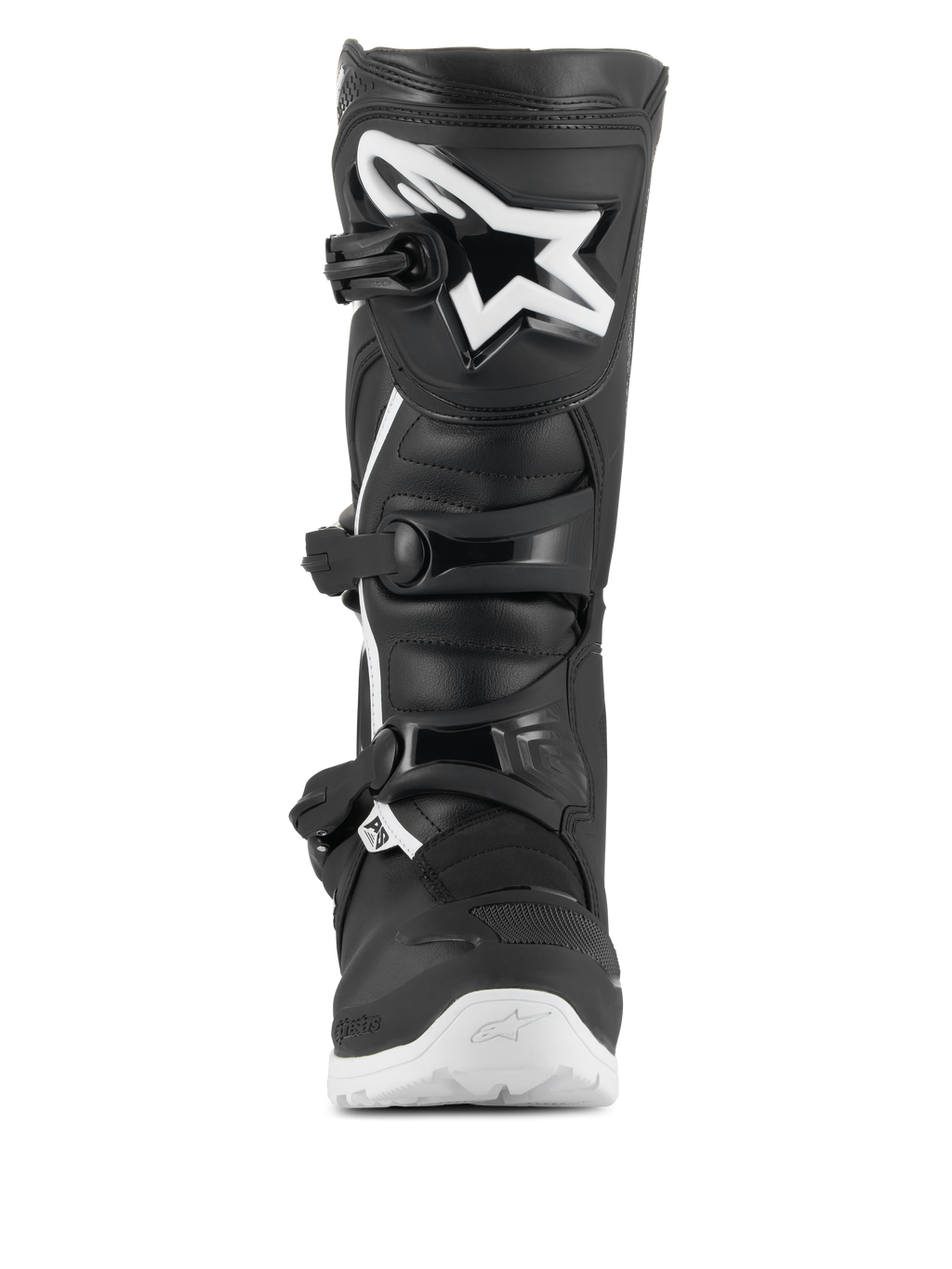 Alpinestars Tech 3 Enduro Waterproof Boots, Motocross and Enduro Boots, Black and White, frontal view featuring a large white star logo on the TPU shin plate, triple buckle closure system, and rugged white sole for off-road traction.