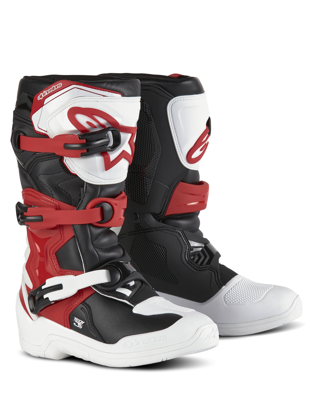 Botas Alpinestars Youth Tech 3S, botas de motocross para jóvenes, blanco, negro y rojo brillante, sistema de cierre de tres hebillas, placa de espinilla de TPU con logo de Alpinestars, parte superior de microfibra duradera y carcasa de pie reforzada para rendimiento todoterreno